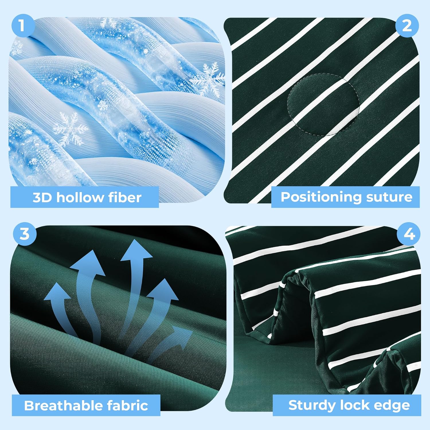 Pinstripe Cooling Comforter Queen Size, Q-Max 0.45 Reversible Striped Cooling Blanket for Hot Sleepers, Breathable Lightweight Silk Smooth Summer Bedding, Quilted Ice Blanket, Emerald Green