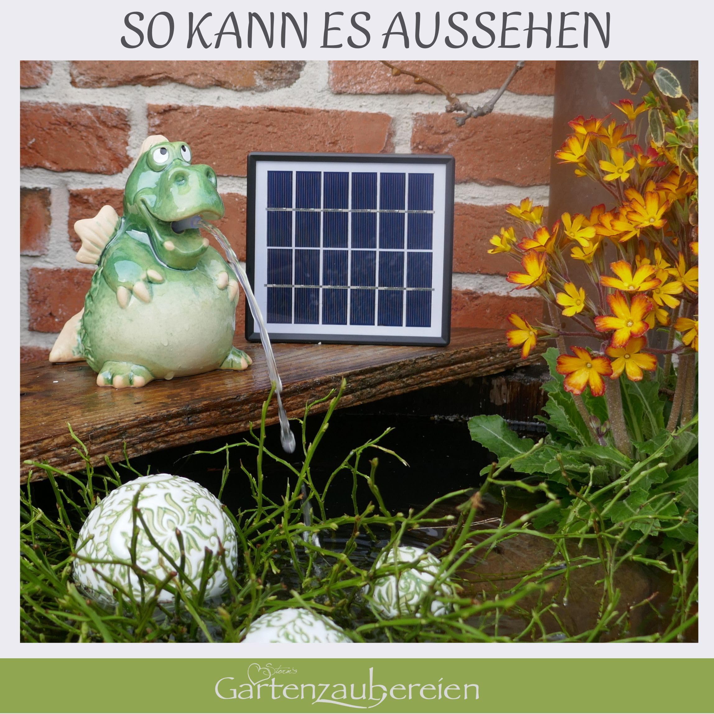 Storm's Gartenzaubereien Wasserspeier Drache mit Solarpumpe - Gartendeko für Miniteich -Teich - Wetterfest lasiert - Einfache Montage - Tierfigur Gartenteich - Teichskulptur