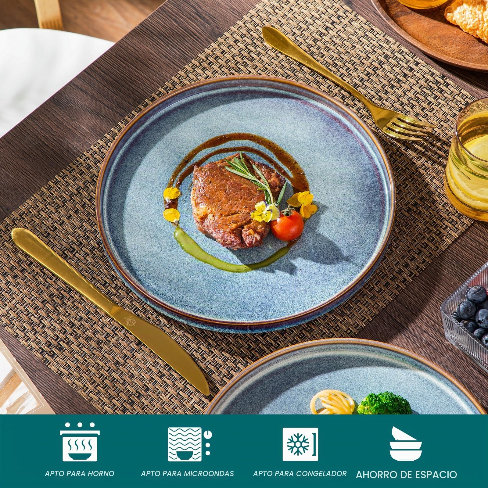 vancasso ONION Set de 6 Platos Llanos, Platos de Ensalada de 25,4 cm de Gres, Juego de Platos de Cena para Cocina, Apto para Lavavajillas y Microondas, Esmalte Reactivo Gris Azul