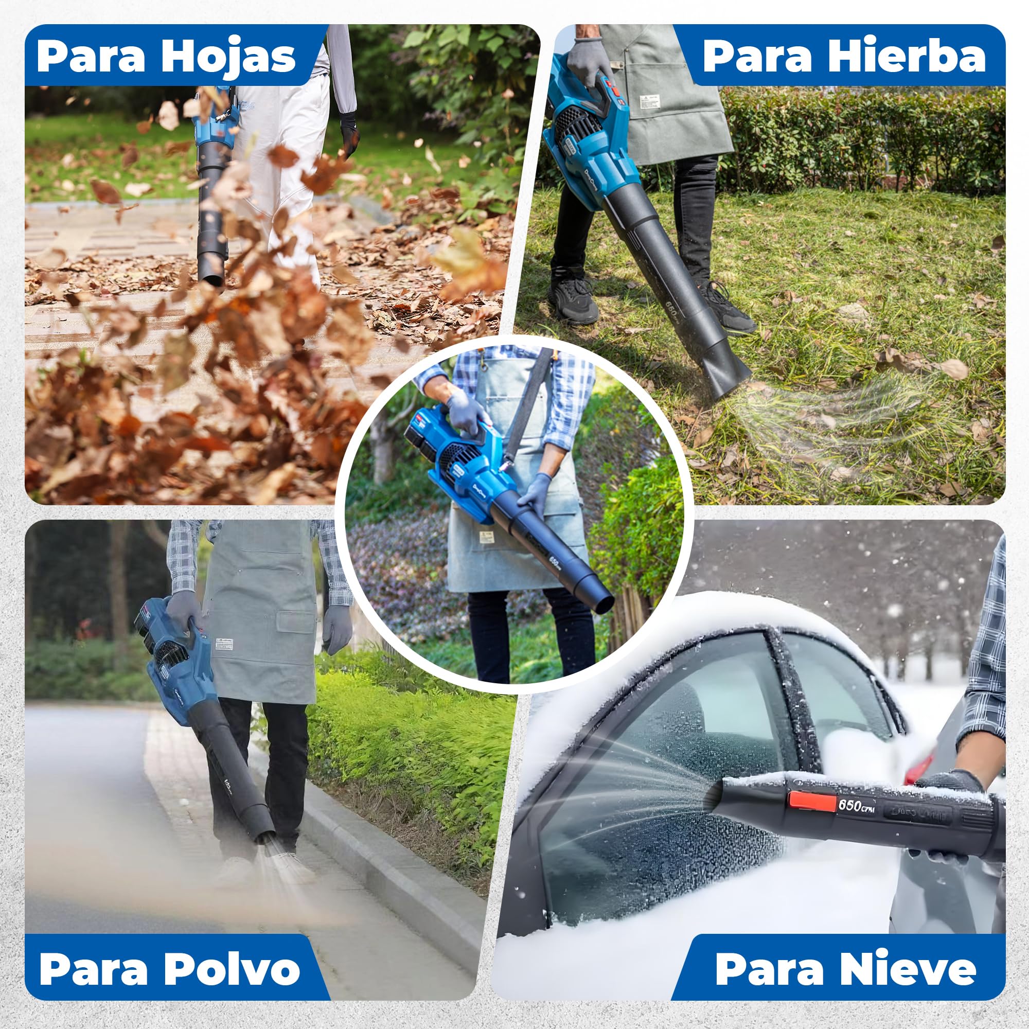 Dong Cheng Soplador de Hojas a Batería 2x20V, Caudal 1105 m³/h, Velocidad del Aire de hasta 225 km/h, 2 Baterías 4,0Ah, 6 Velocidades, Modo Turbo, 3 Boquillas, para Jardín, Calles, Nieve y Obra