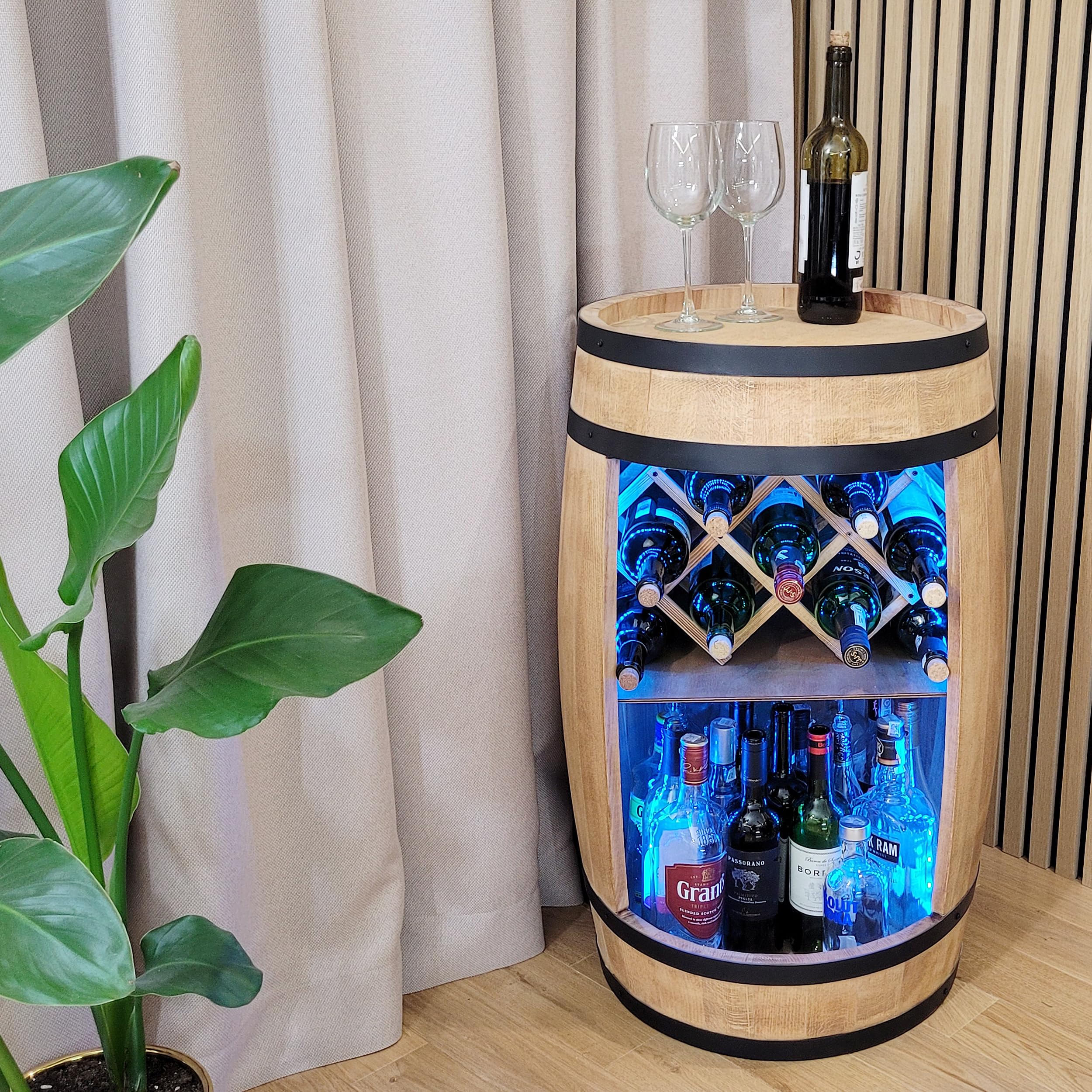WEECO Barile in legno con portabottiglie con luci a LED RGB, Porta vino, Casa bar, Portabottiglie per whiskybar, regalo per uomo, Botte in legno per bottiglie di alcolici, Botte Di whisky Grappa 80cm