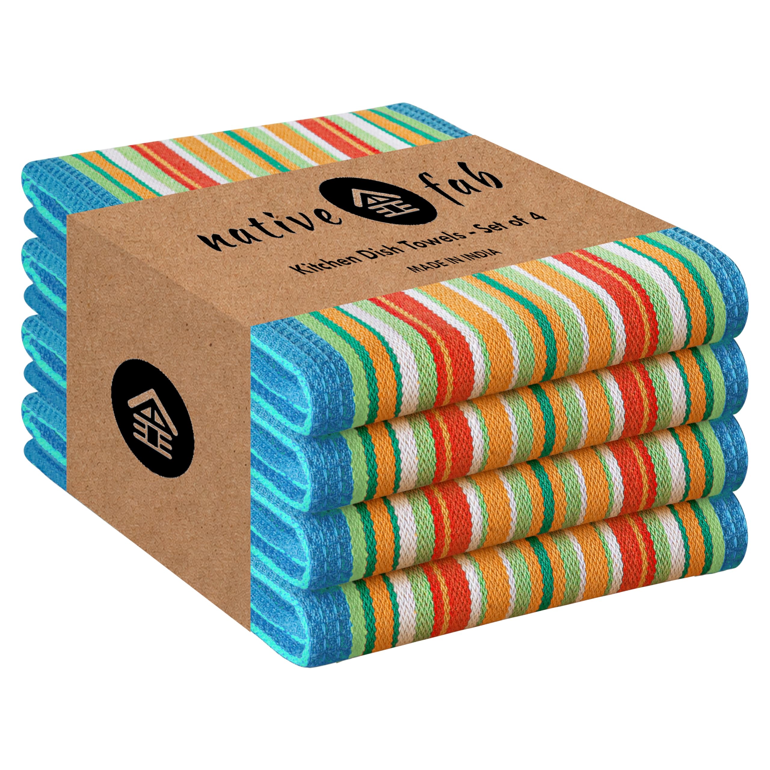 Native Fab Mexican Salsa Stripe Dish Towels, 4 Pack, 18x28, Super Absorbent, 100% Cotton Kitchen Towels for Drying, Reusable, Washable Towels for Everyday Cooking and Cleaning, Turquiose Blue