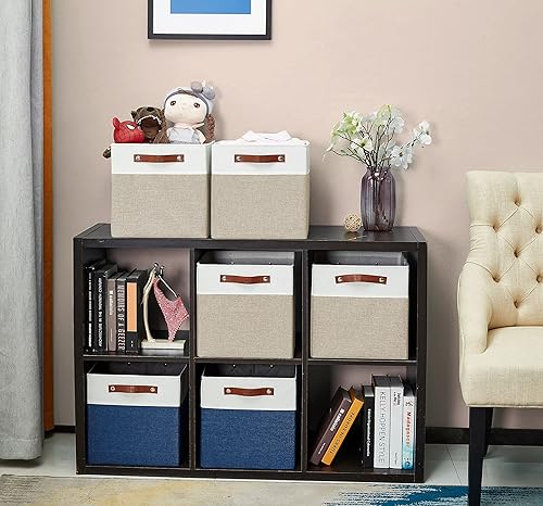 Miniatura 5 de DECOMOMO Kallax - Cubos de almacenamiento de 13 x 15 x 13 pulgadas, cestas para organizar estantes (color beige y blanco, paquete de 4)