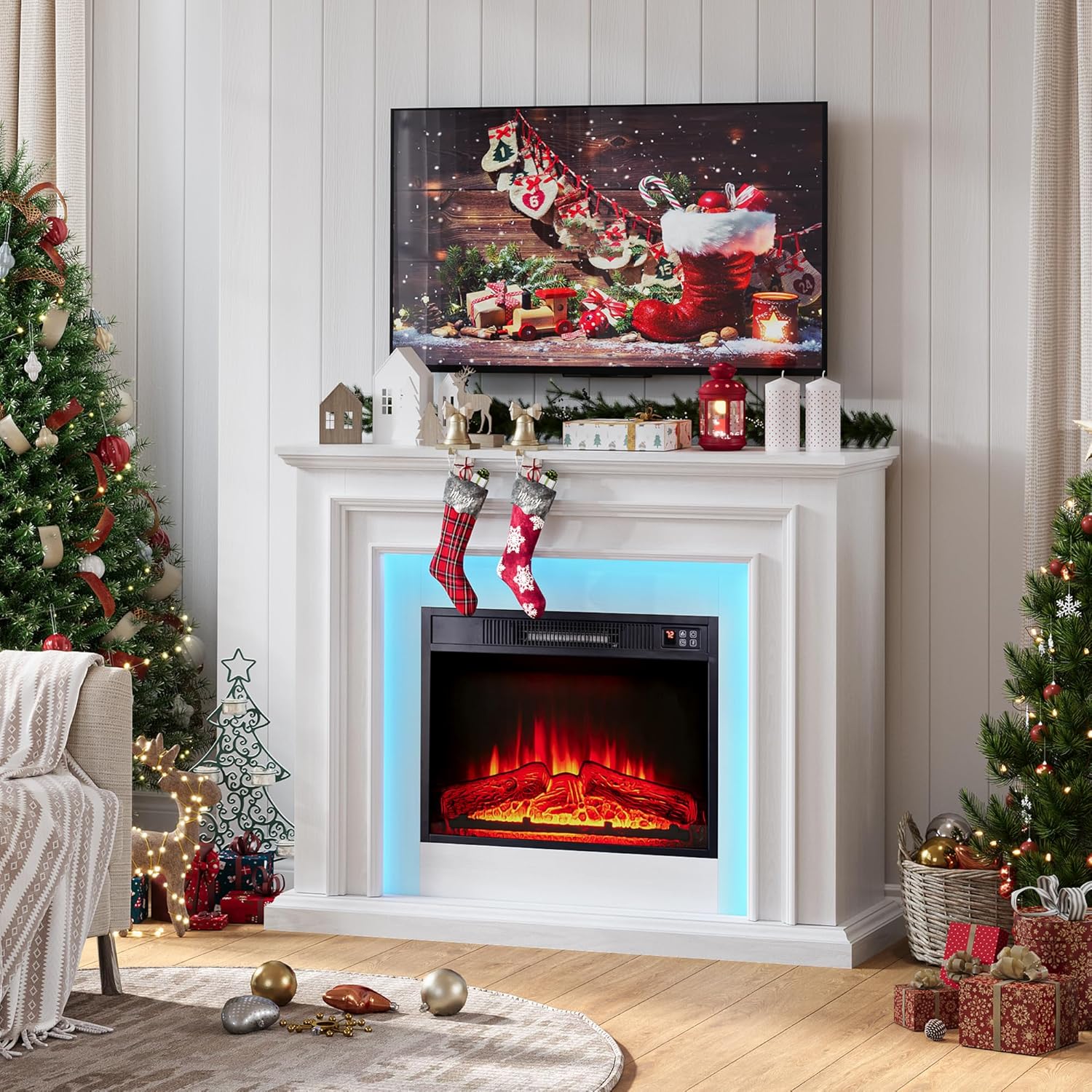 80" LED Lights Electric Fireplace with Mantel, Fireplace TV Stand for TVs Up to 90",Modern Entertainment Center with Storage, Delicate Three-Dimensional Molding with Remote Control for Living Room