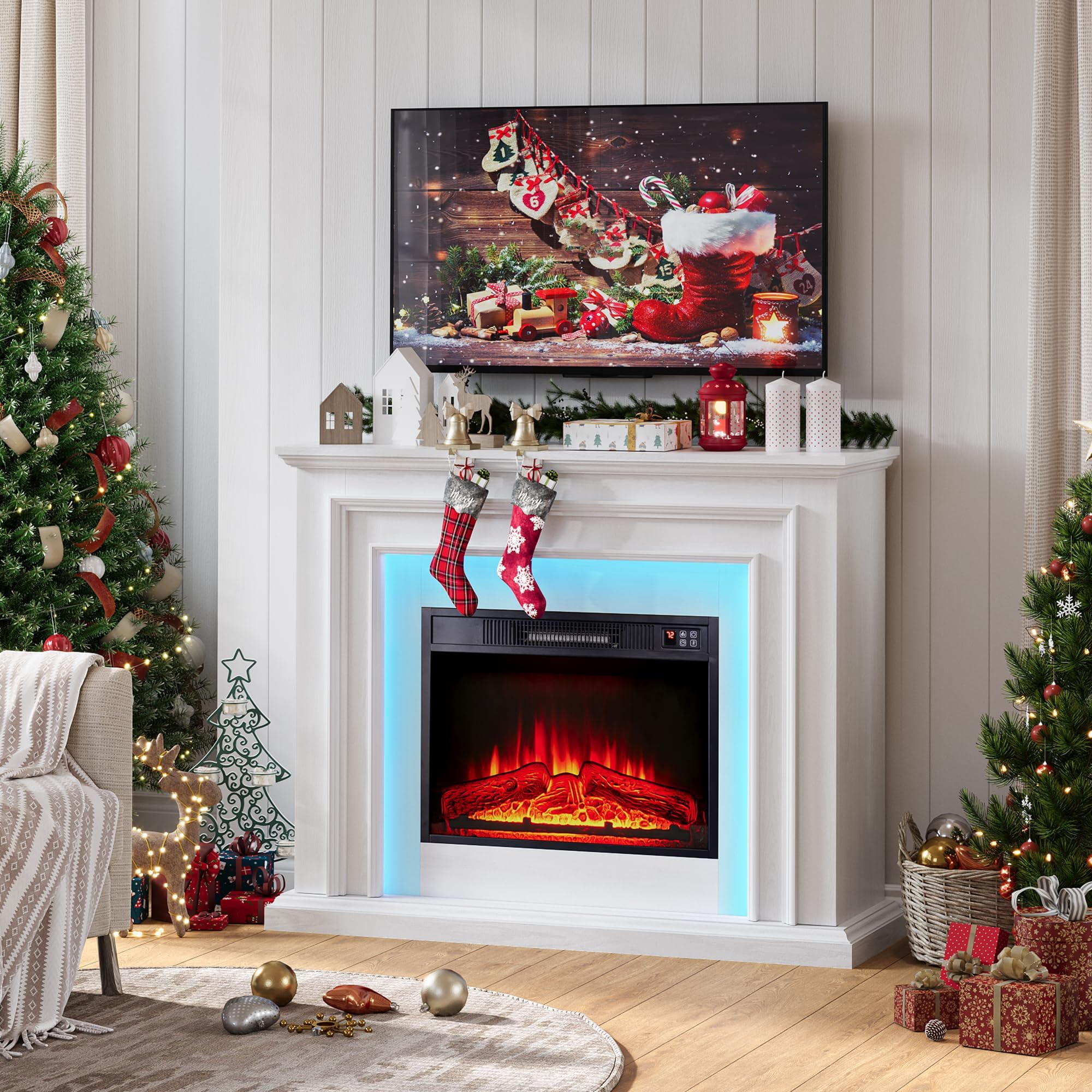 44 Inches LED Lights Electric Fireplace with Mantel, White Tall Fire Place Heater Freestanding, Delicate Three-Dimensional molding with Remote Control Timer LED Flame for Living Room, Bedroom