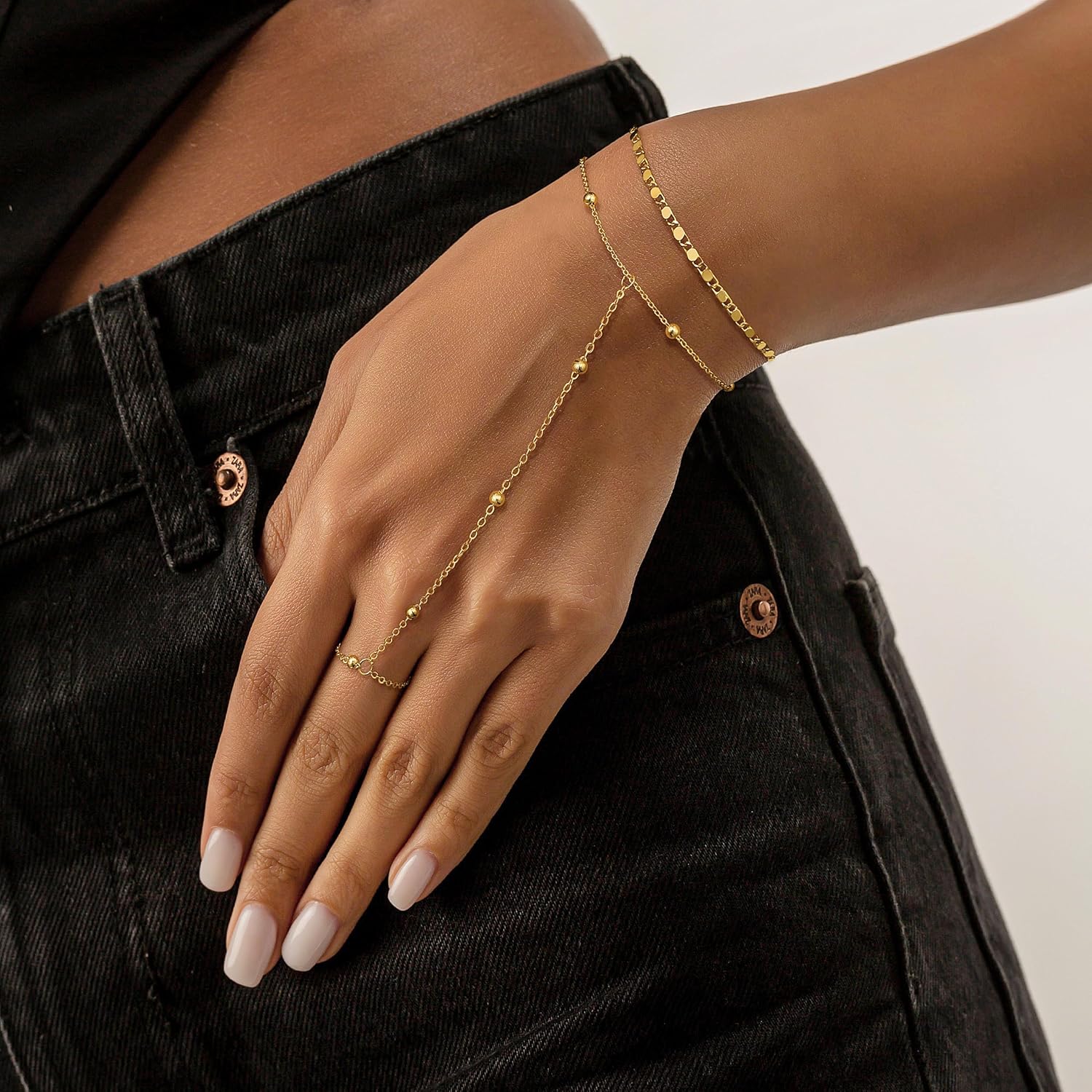 Moodear Dainty Ring Bracelet Hand Chain for Women - 14K Gold Plated/Sterling Silver Layered Adjustable Satellite Bead Paperclip Dot Link Hand Chain Bracelets Non Tarnish Trendy Jewelry Gift - Image 3