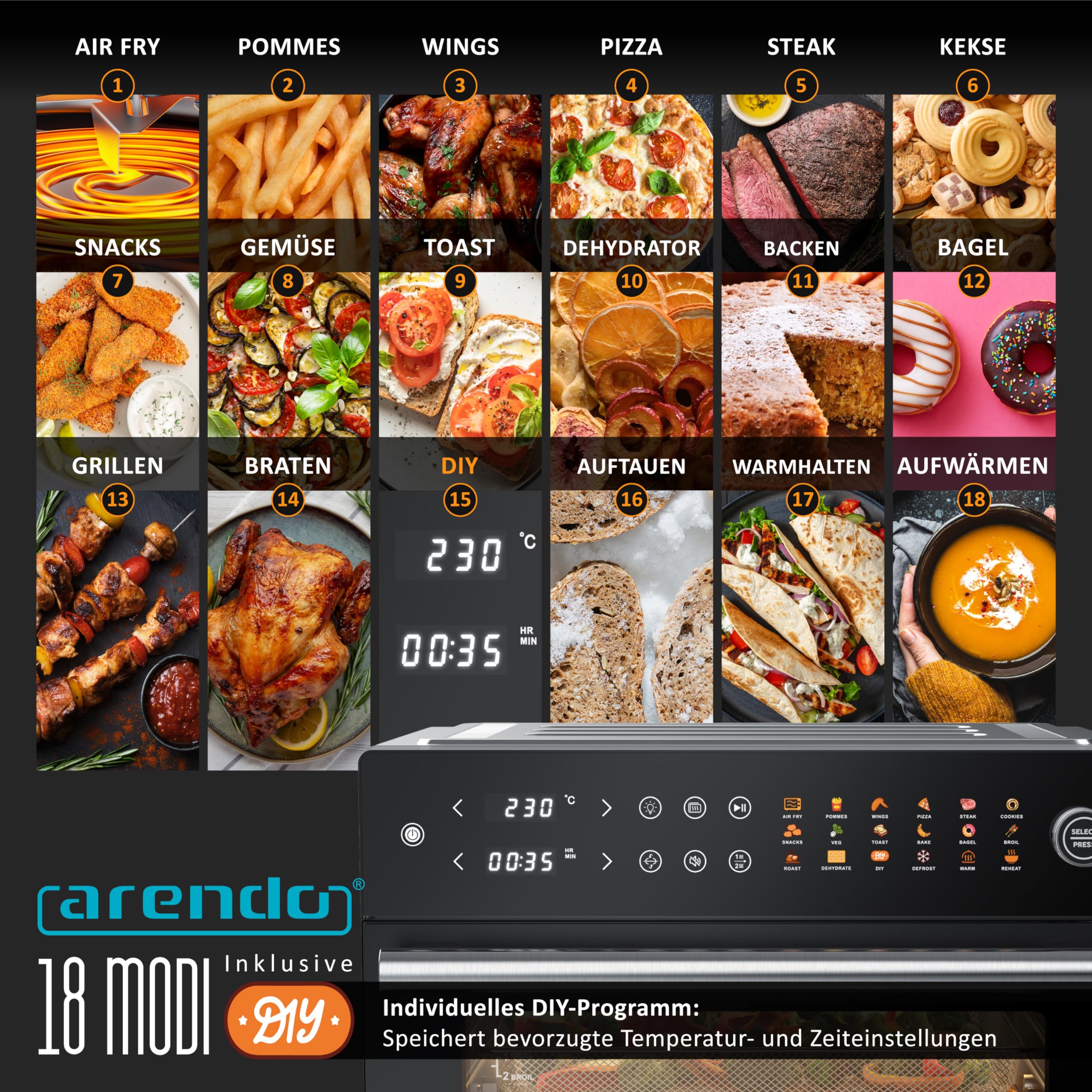 Arendo - Minibackofen 30l - Heißluftfritteuse 30 Liter - Edelstahl - Multifunktionsofen Umluft - mini Backofen Airfreyer XXL - 1800 Watt - Ofen mit 18 Programme - großer Innenraum mit 4 Ebenen