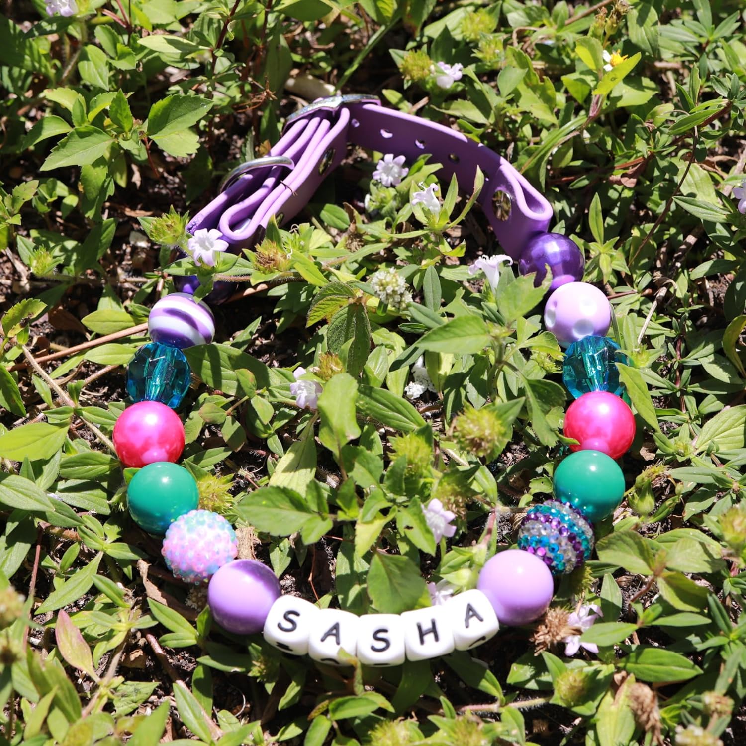 Adjustable Beaded Name Dog Collar Fashion For Small Medium And Large Dogs Rhinestone Necklace Handmade Girl Boy Bling Fancy Female Cats Pretty Pearls Perla Cute Rinbow Heavy Duty-Bubblegum Beads 20MM (Purple Shades, XS (8-11'') Neck (20-28cm))