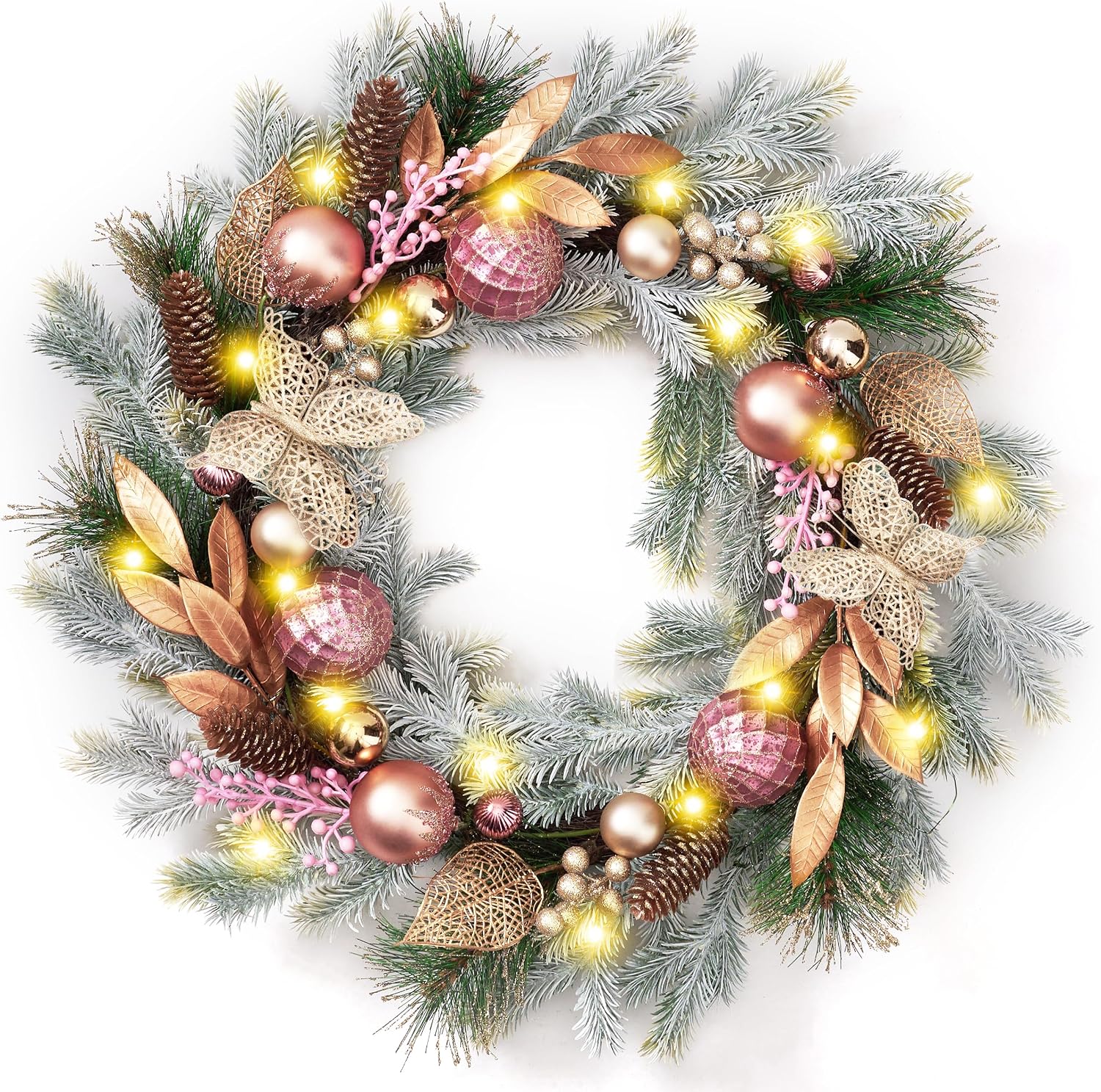 DecorbyHannah 24'' Pre-Lit Christmas Wreath for Front Door with Lights, Large Pink Lighted Christmas Wreaths with Ornaments for Window, Battery Operated Outdoor Xmas Wreath for Winter Holiday Decor