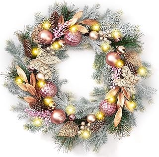 DecorbyHannah 24'' Pre-Lit Christmas Wreath for Front Door with Lights, ...