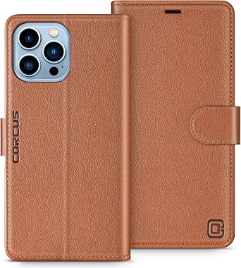 Durable RFID Blocking Card Holders Flip Cover Stand Feature Magnetic Closure Faux Leather Folio Wallet Case Compatible with iPhone 13 Pro Max 6.7 inch, Saddle Brown