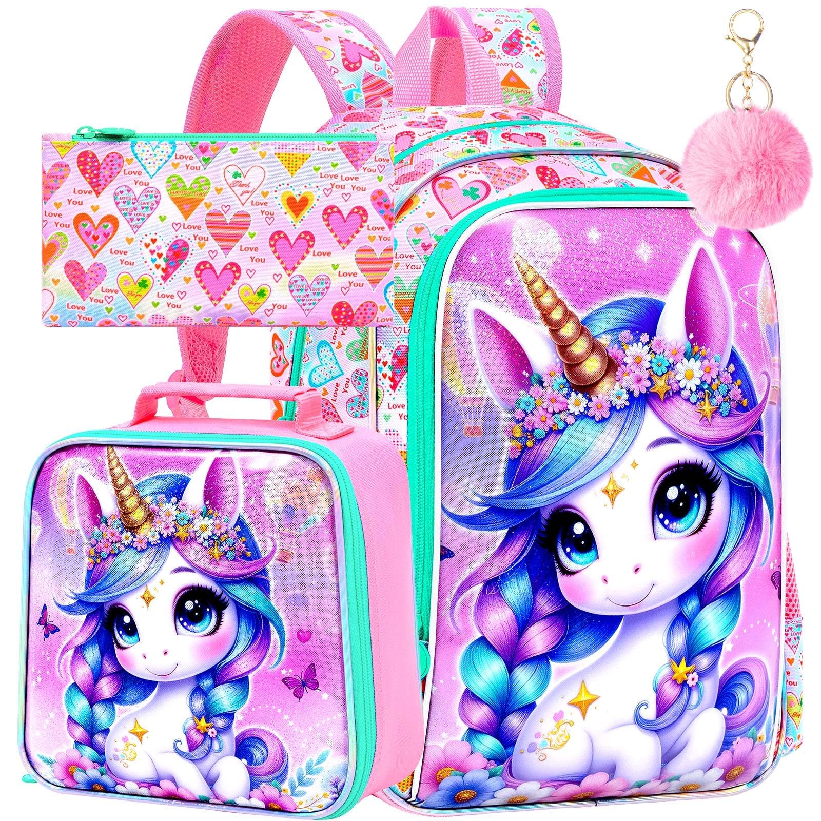 WZLVO 3PCS Kids Backpack for Girls, Unicorn Dinosaur Animal Prechool Elementary Kindergarten School Bookbag with Lunch Box