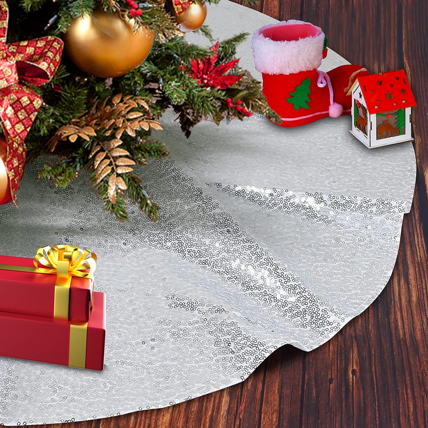 Glitter Christmas Tree Skirt,Large Xmas Tree Mat,Silver Sequin Christmas Tree Skirt,48 Inch Shiny Xmas Tree Skirt Blanket for Christmas Decoration Xmas Ornaments New Year Party Supply…