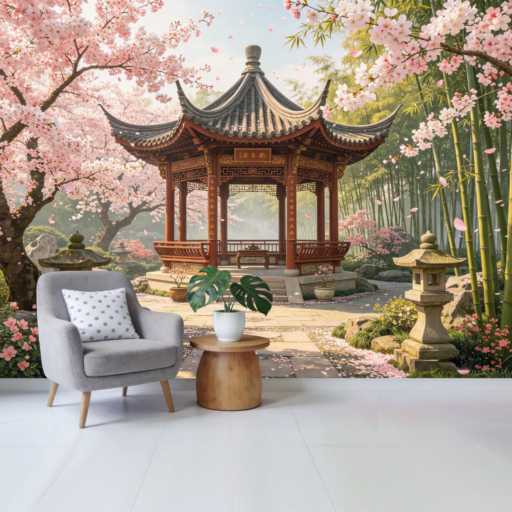 Qzlithotic Yq2605250040 Custom Size Wall Mural Traditional Oriental Gazebo Blooming Cherry Blossom Forest Zen Garden Landscape Selfadhesive Wall Fabric Removable Wallpaper For Home Office Decor