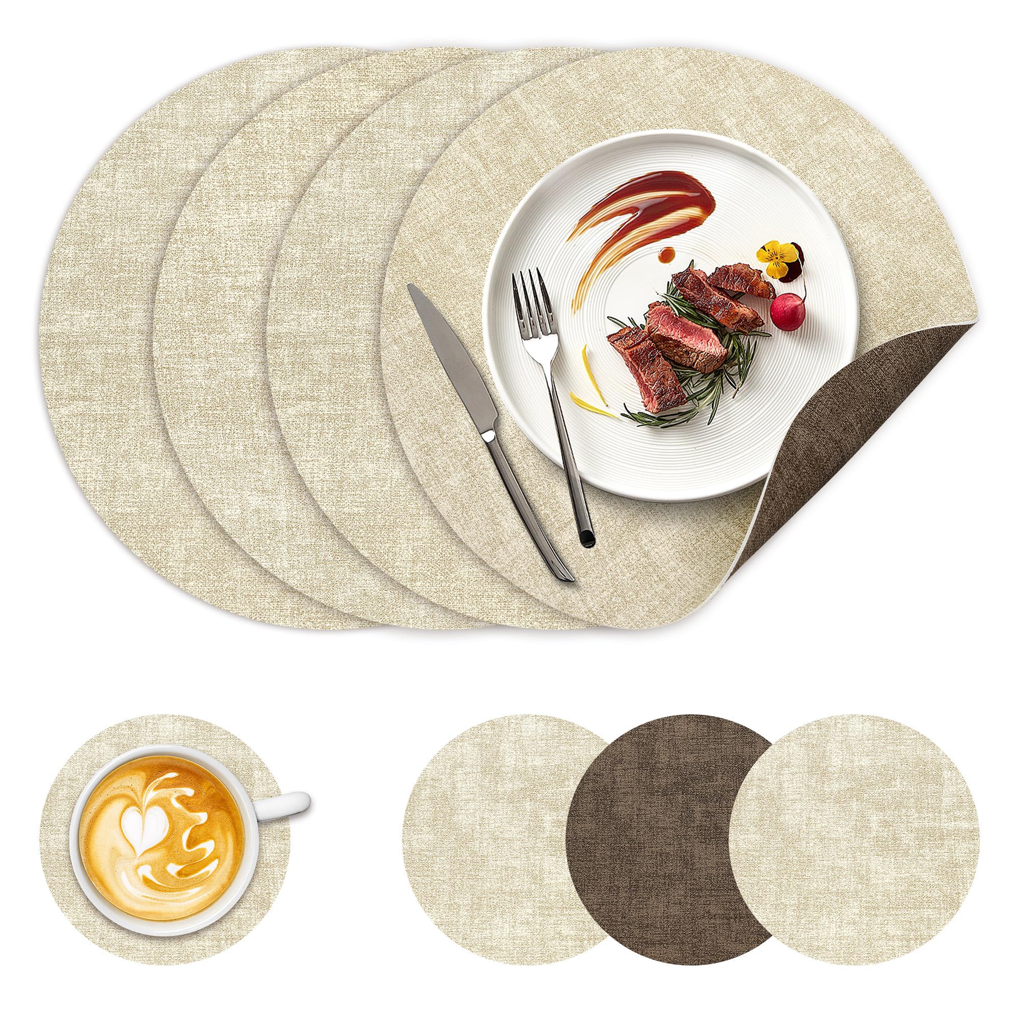 NCUE 13" Faux Leather Round Placemats Set of 4, Reversible Dual-Color