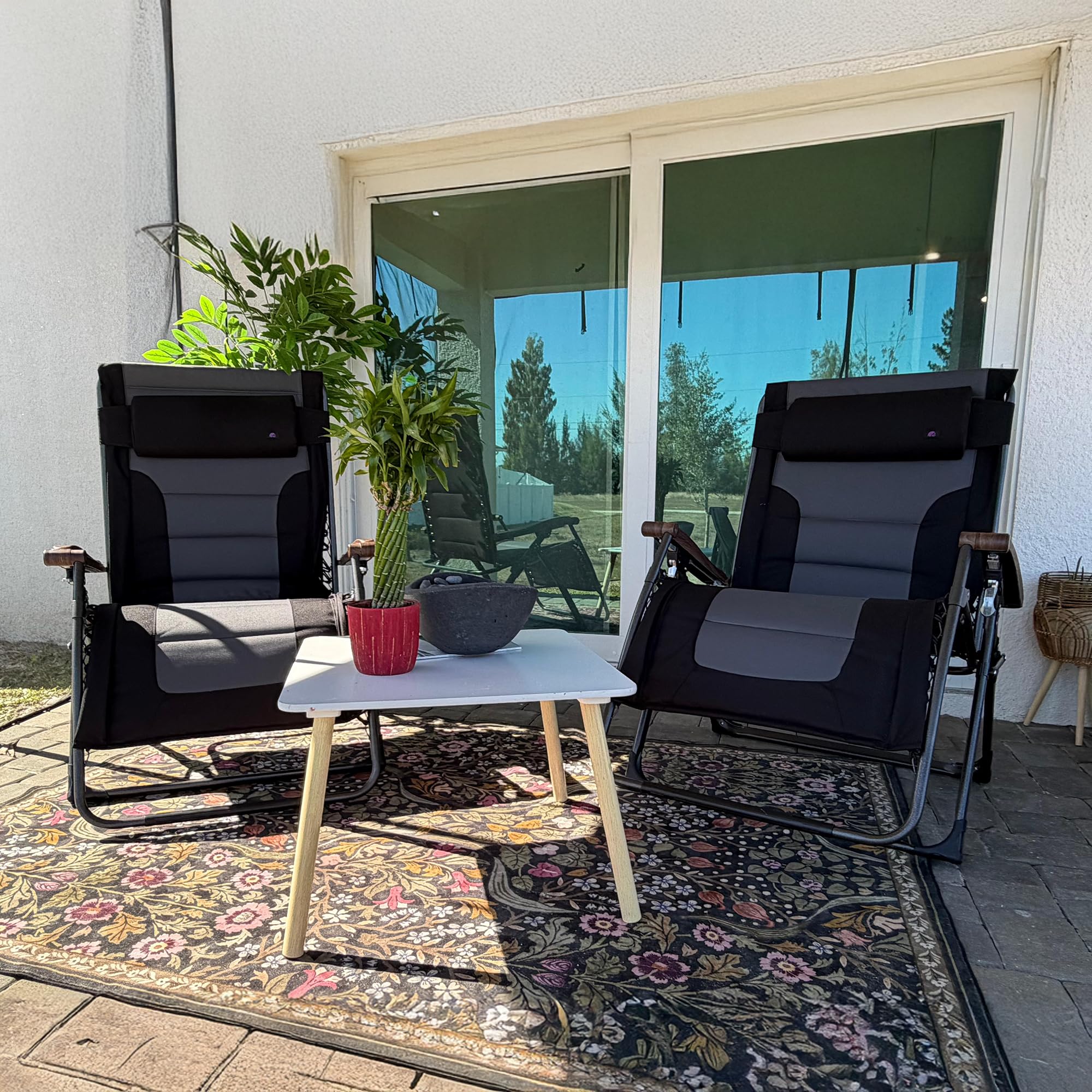 PURPLE LEAF Outdoor Reclining Chair Extra Wide Quilted Cushion, Black Grey