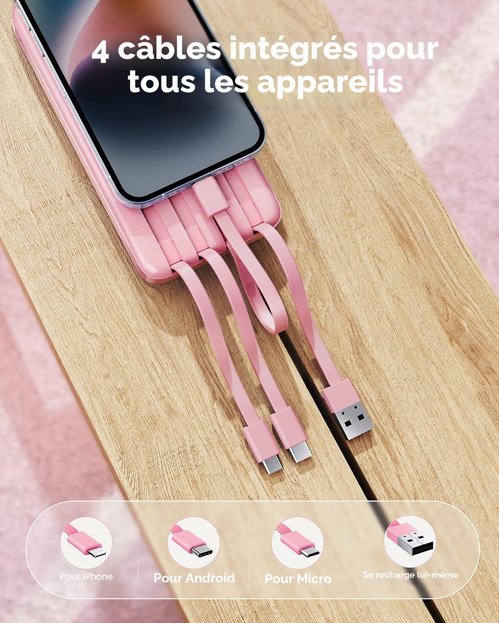Charmast Batterie Externe 10000mAh avec 4 Câbles Intégrés Batterie Portable USB C Mince Power Bank avec 6 Sorties et 3 Entrées pour iPhone 12 13 11 Samsung S21 S22(Rose)