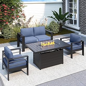 Aluminum Patio Furniture Set with Fire Pit Table, 4 Piece Metal Outdoor Furniture with Water-Resistant Cushions, Modern Patio Conversation Set for Balcony, Front Porch, and Backyard,Blue