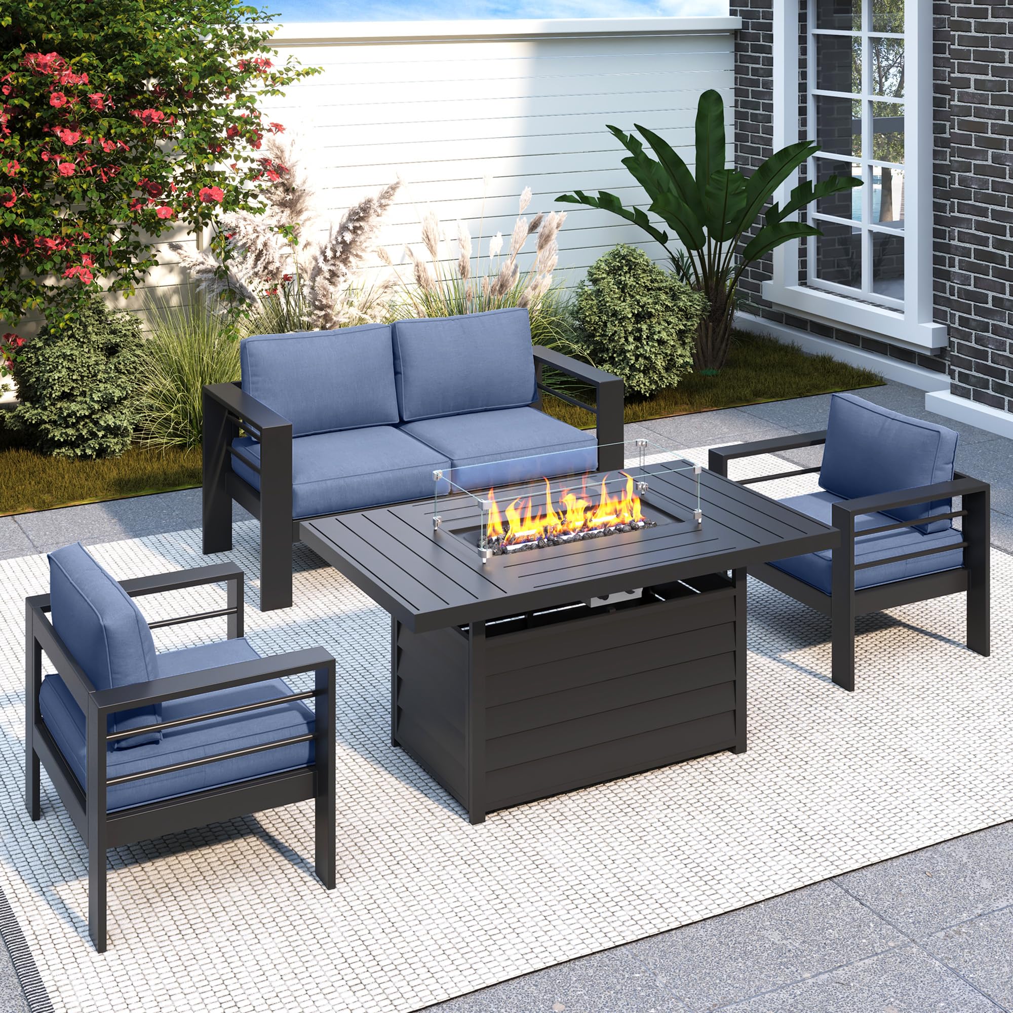 Aluminum Patio Furniture Set with Fire Pit Table, 4 Piece Metal Outdoor Furniture with Water-Resistant Cushions, Modern Patio Conversation Set for Balcony, Front Porch, and Backyard,Blue