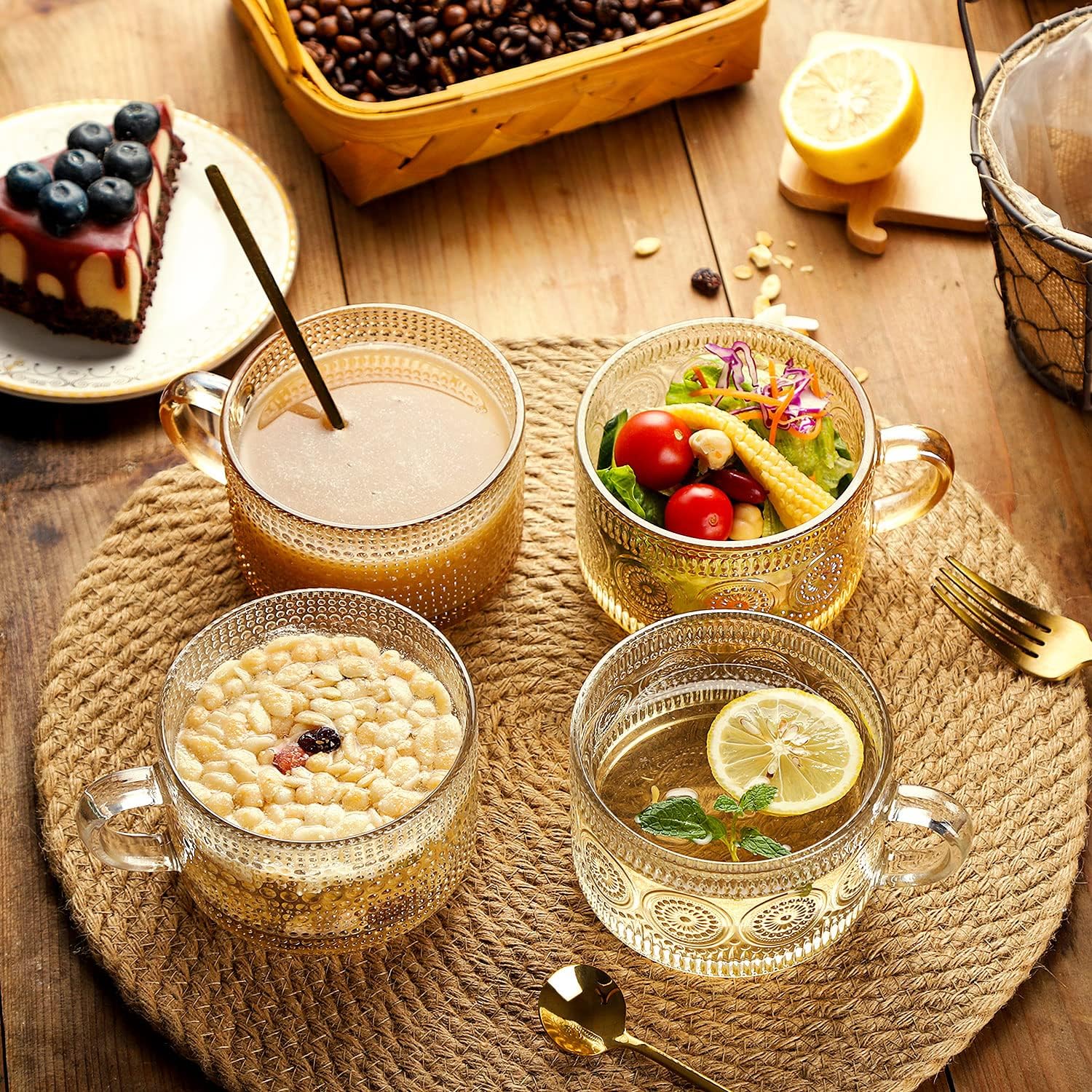 WHJY Vintage Glass Coffee Mugs with Spoon, Set of 2 espresso ribbed glass coffee cup，Embossed Tea Cups, Esthetic Tea Cups for Cappuccino, Latte, Hot Beverages, 14 oz - Image 7