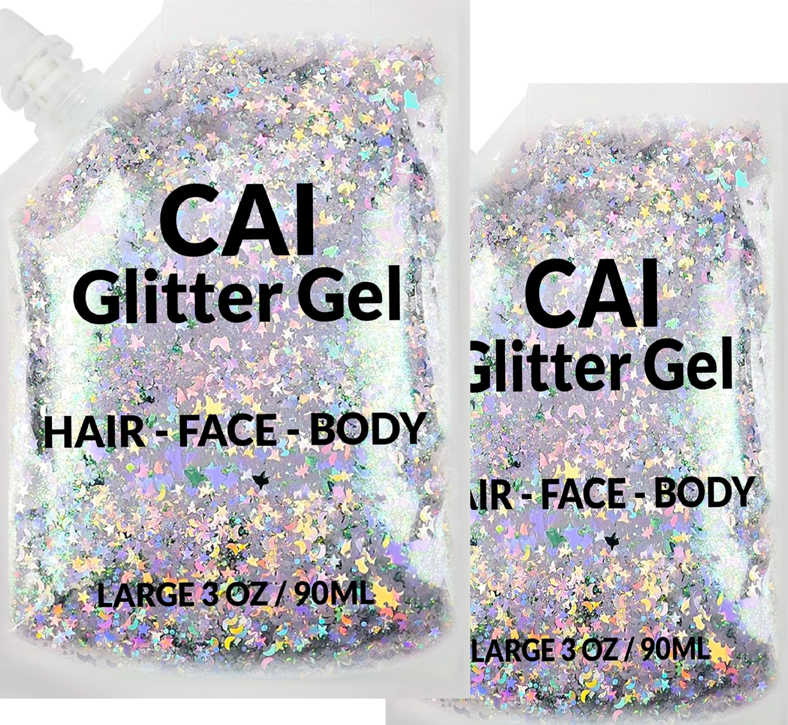 Face, Body & Hair Glitter Gel – Halloween Glitter for Kids and Women – 3 Oz Cosmetic-Grade Gel w/Moon & Stars for Festivals & Halloween Party, Easy Apply & Wash Off - Silver 2Pack