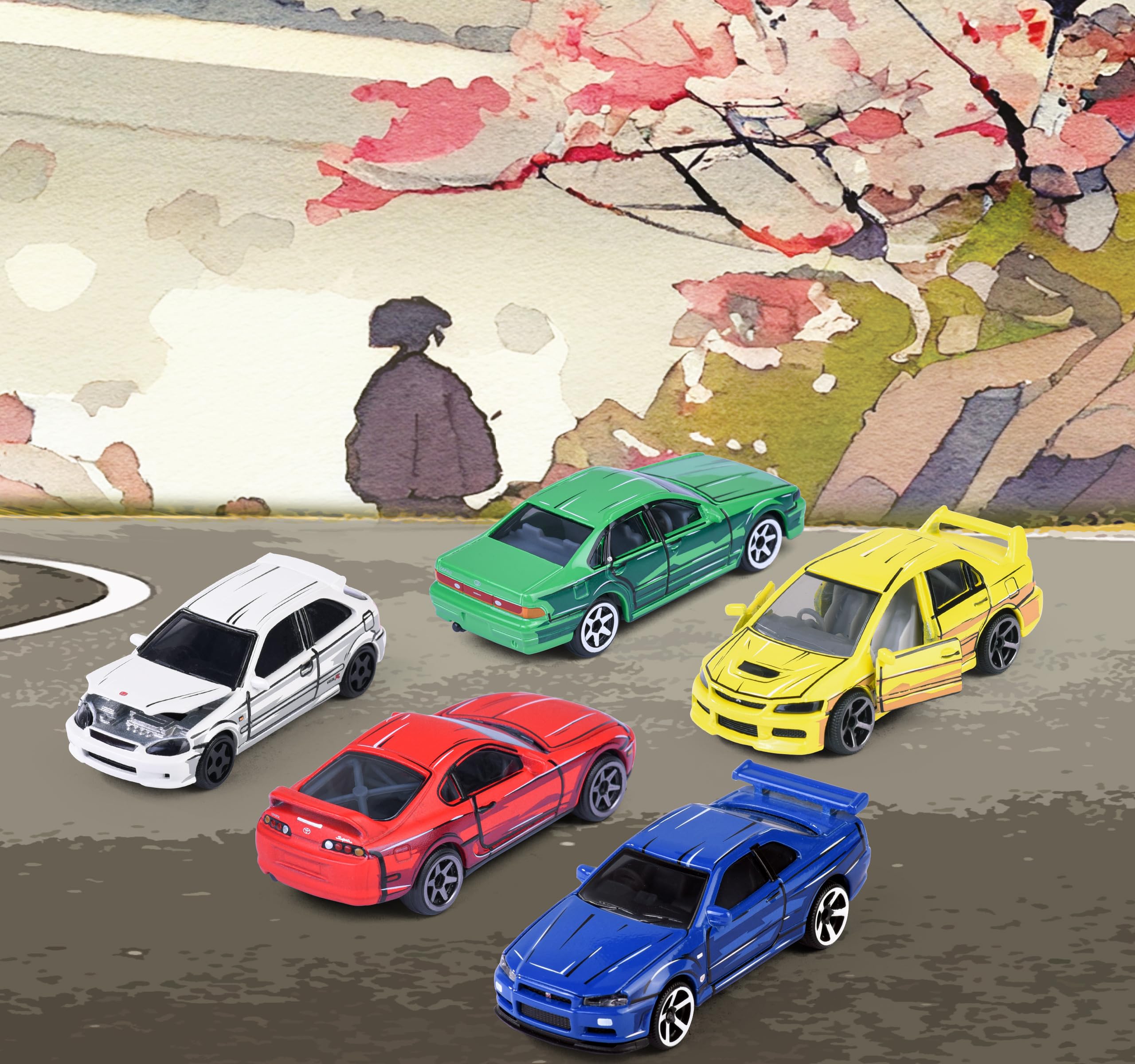 Majorette, JDM Leyends Giftpack 5 Auto, Set di 5 Auto, Honda, Nissan, Toyota, Mitsubishi), Metallo, Scala 1:64, 7,5 cm, Ruota Libera, Scatola Decorata, Licenze Ufficiali, 3 anni (8504105000)