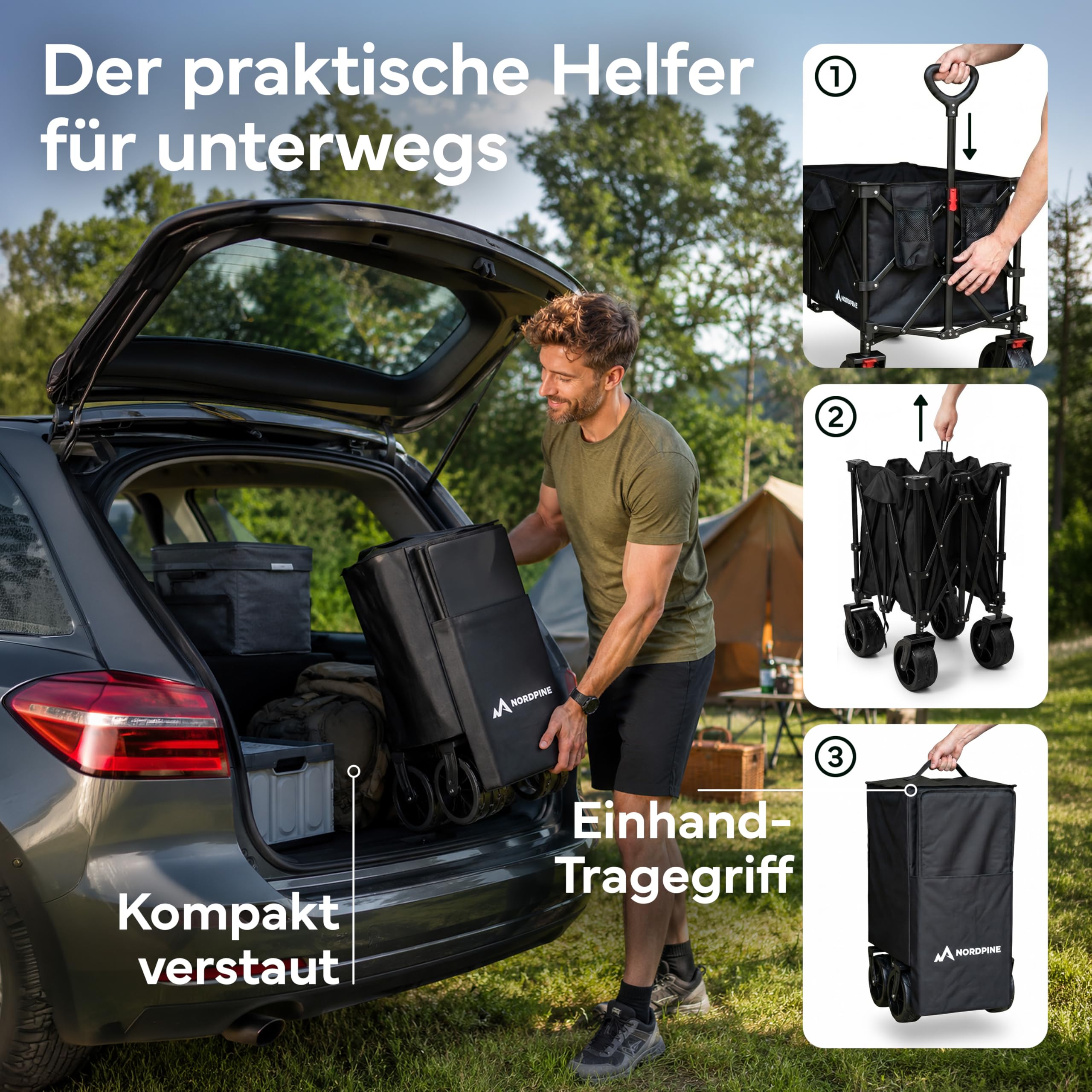 Bollerwagen Faltbar - 200/300 Liter Stauraum für Camping, Festival und Familie - Bis 200 kg Traglast - Extra breite Gummireifen mit Bremse - Klappbar in Sekunden (200 l | Bollerwagen)