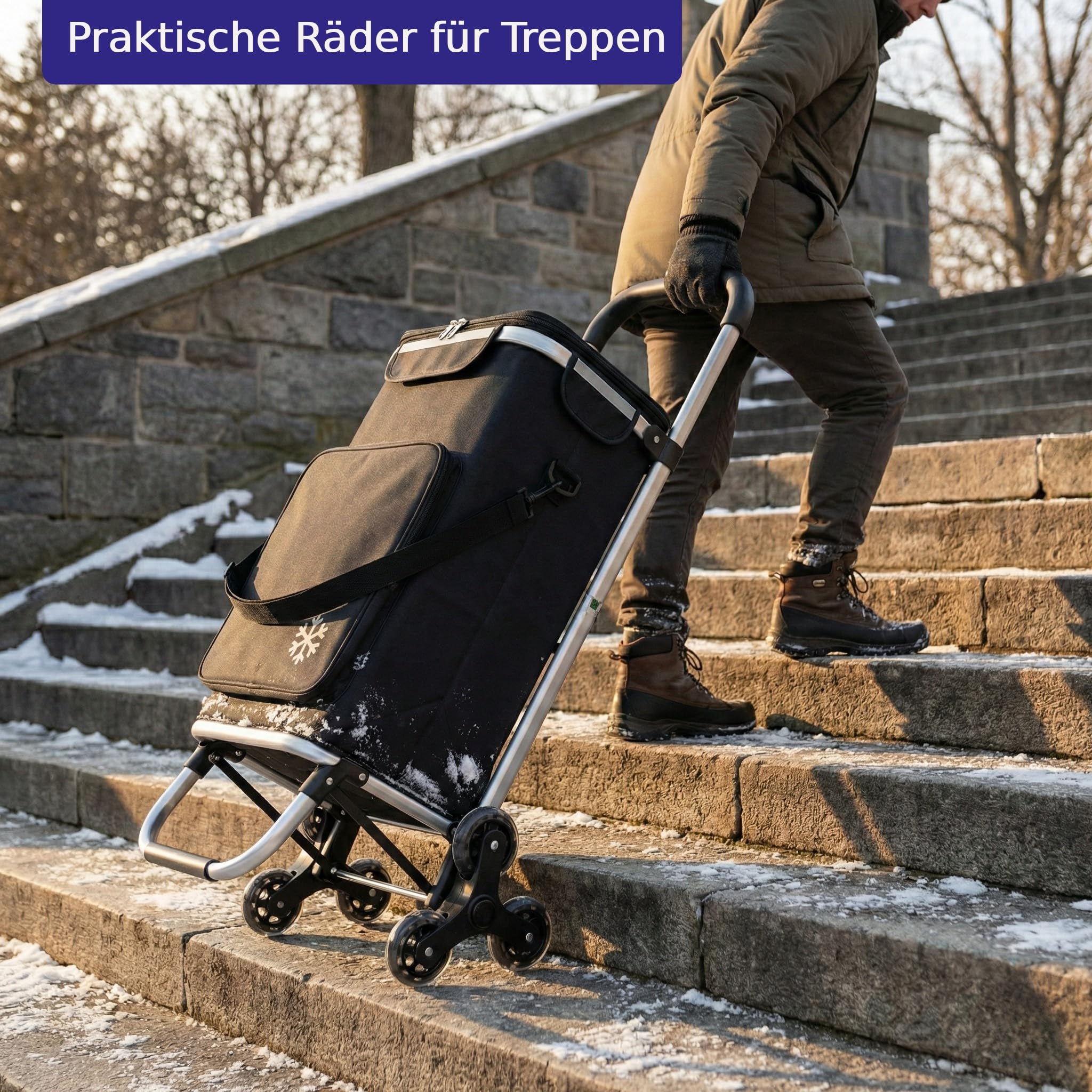 Einkaufstrolley Treppensteiger 64L groß, Einkaufswagen mit Dreirad klappbar, Trolley mit Kühlfach bis 60kg, Einkaufstasche mit Rollen und Reflektor, Handwagen schwarz