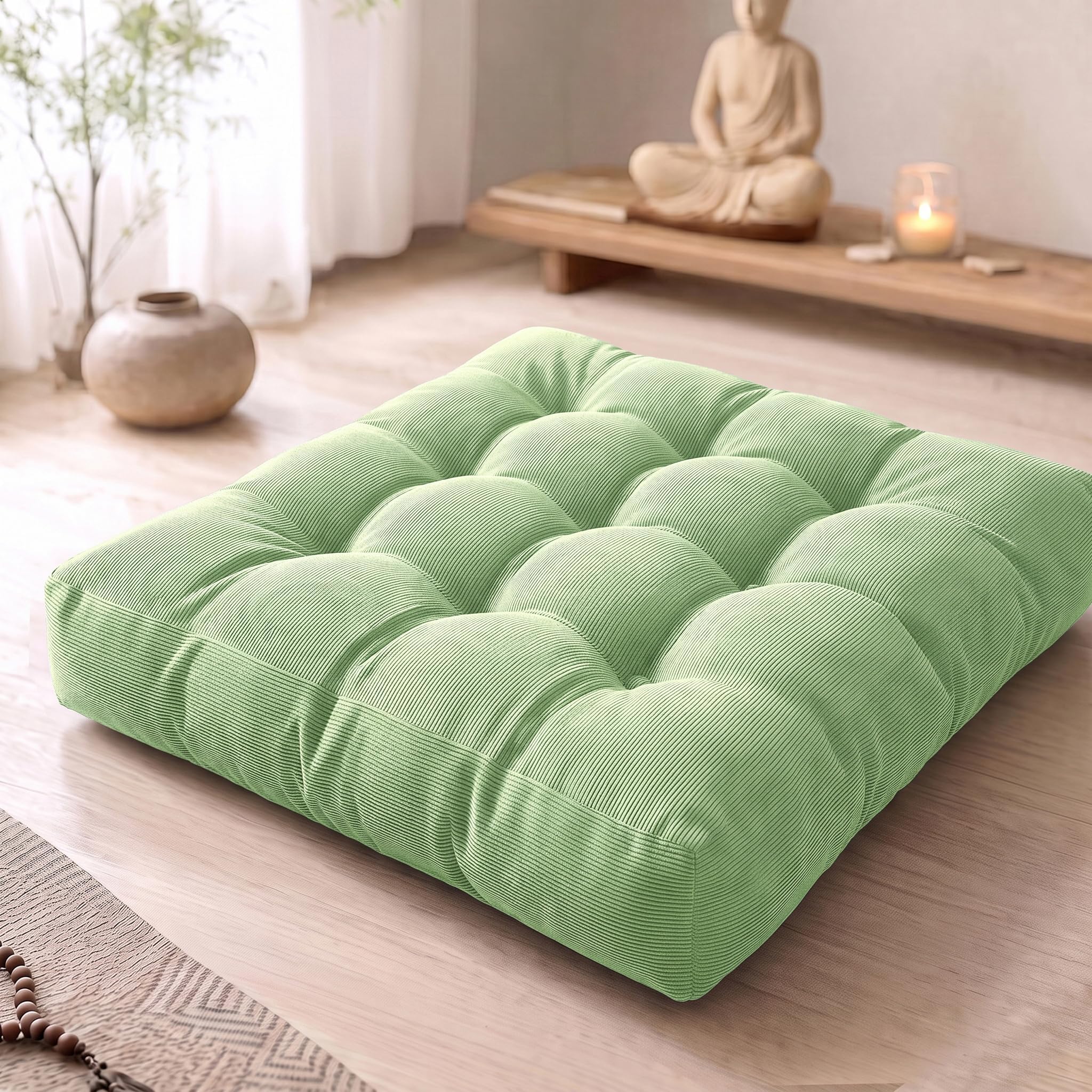 Degrees of Comfort Meditation Floor Pillow, Square Large Pillows Seating for Adults, Tufted Corduroy Cushion for Living Room Tatami, Green 22x22 Inch