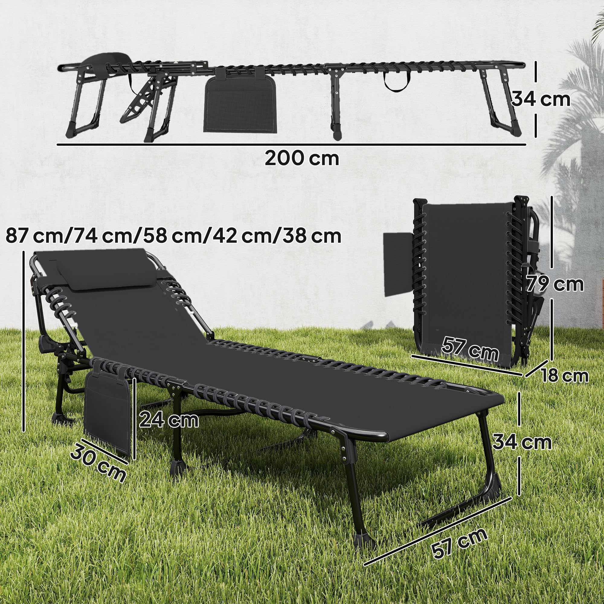 Outsunny Lettini Prendisole da Giardino Pieghevoli 57x200x38cm Nero | Set di 2, Reclinabili 5 Livelli con Poggiatesta, Sdraio da Giardino in Texteline, Tasca Laterale, Maniglia