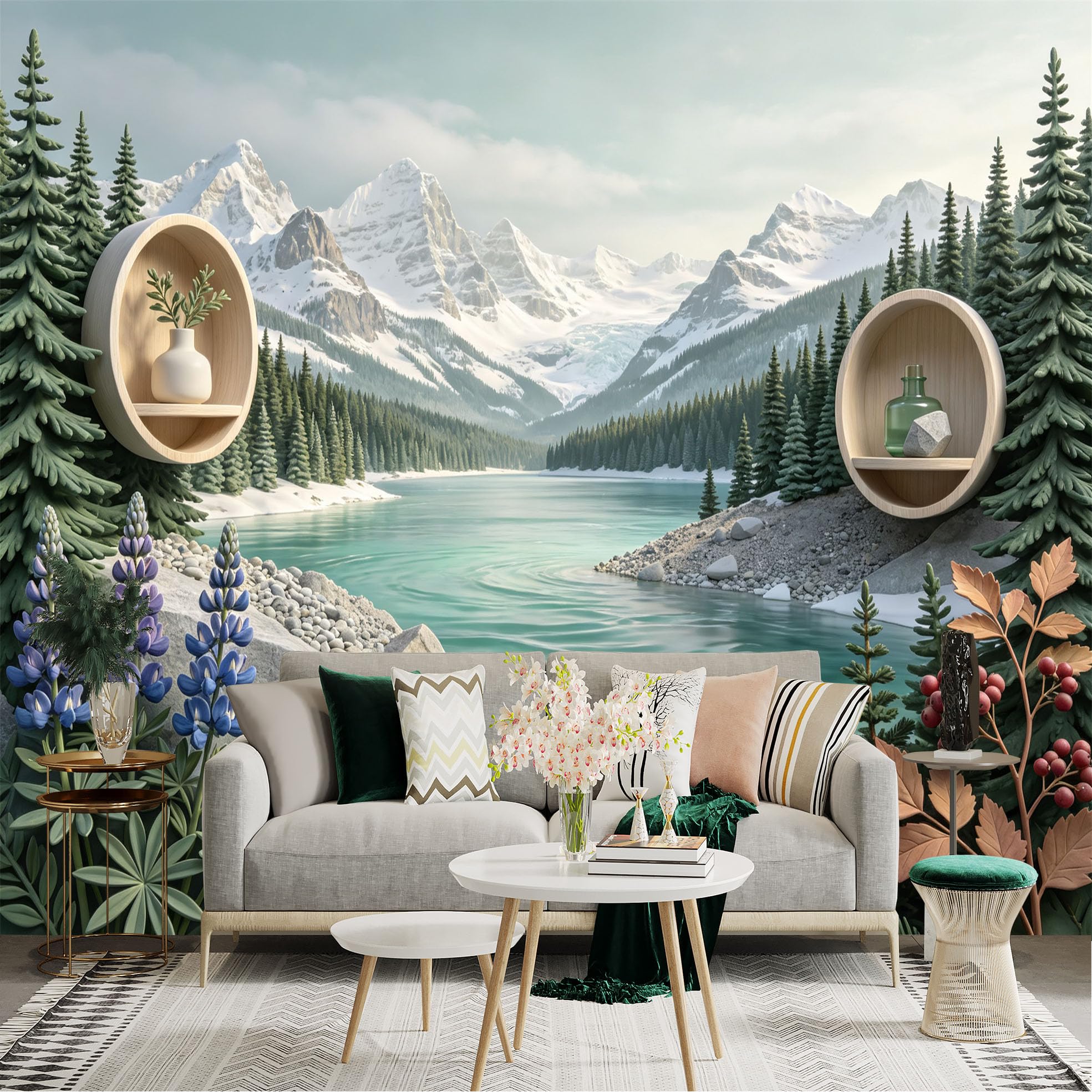 Lnzczhyre Bh260719316 Custom Size Wall Sticker Mural， Snowy Mountain Peak， Turquoise Glacial Lake， Alpine Forest View， Modern Round Shelves， For Wall Decoration， Peelandstick Wall Decals.