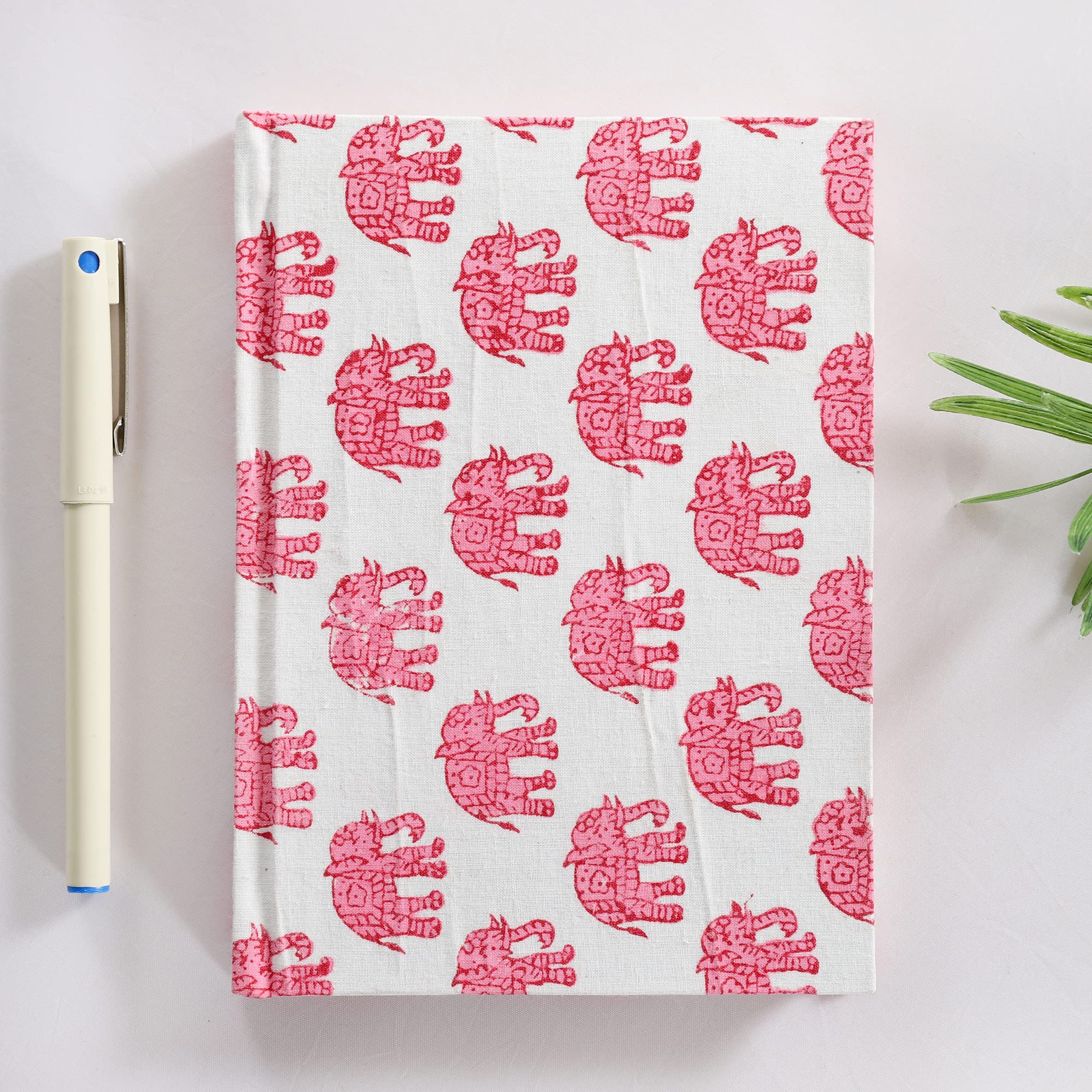 Ravaiyaa - Attitude is everything Hand Block Printed Fabric Journal Handbound Notebook Gifts for Writers Recycled Paper Notebook (White Pink Elephant)