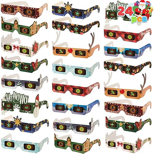 JOYIN Christmas 3D Diffraction Paper Glasses, Xmas Eyeglasses with 12 Frame Designs & 6 Glass Patterns, Adult Party Favor