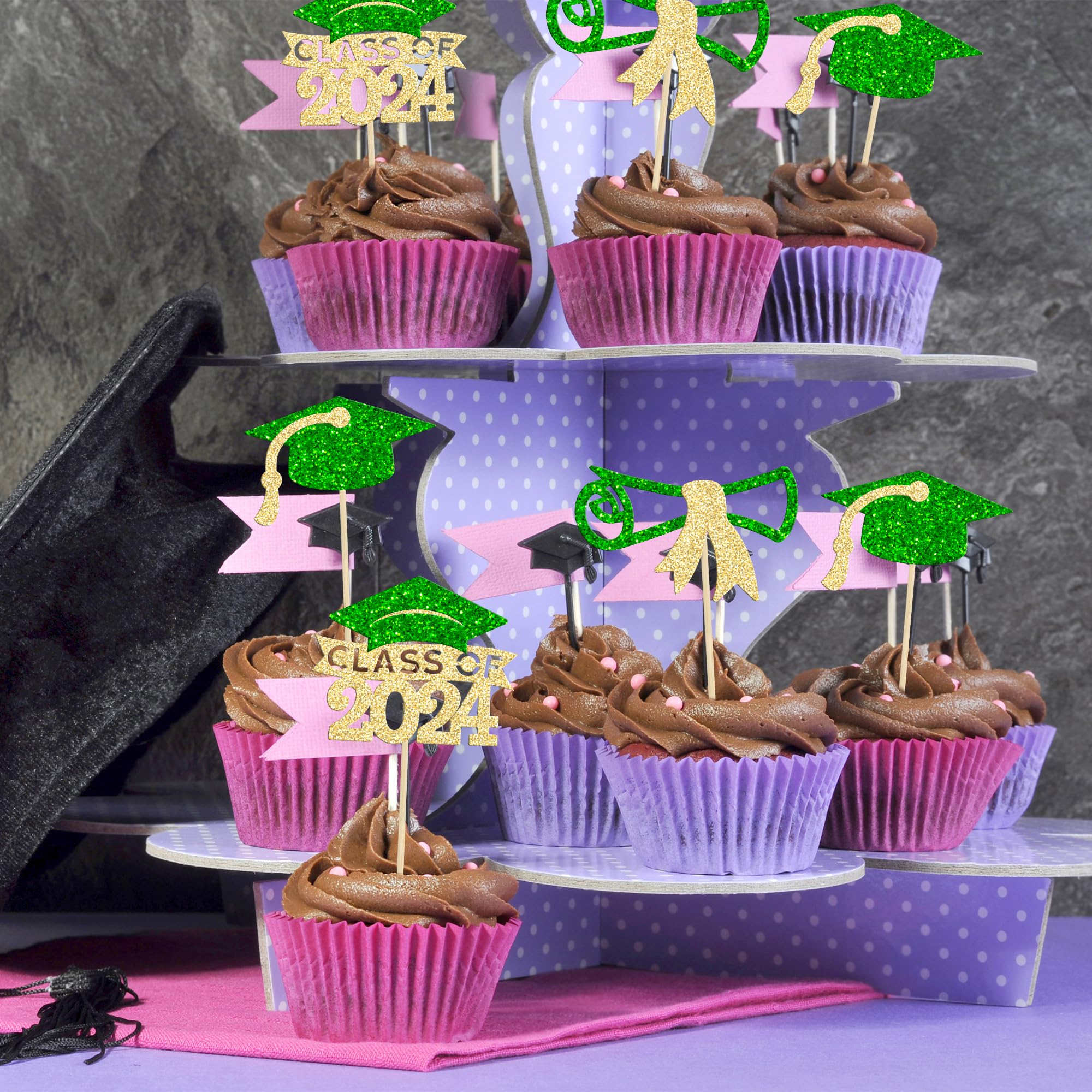 Gyufise 24Pcs 2026 Graduation Theme Cupcake Toppers Glitter Diploma Graduation Cap Class of 2026 Cupcake Picks for 2026 Graduation Theme Party Cake Decorations Supplies Gold Green - Image 4