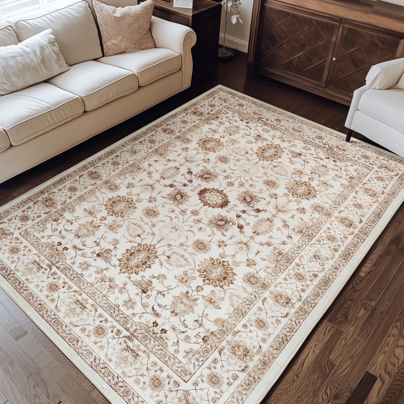 jinchan Area Rug 4x6 Oriental Washable Rug Vintage Floral Rug Non Slip Retro Distressed Rug Thin Country Boho Rug Floor Cover Farmhouse Rug Carpet for Kitchen Living Room Bedroom Dining Room Taupe