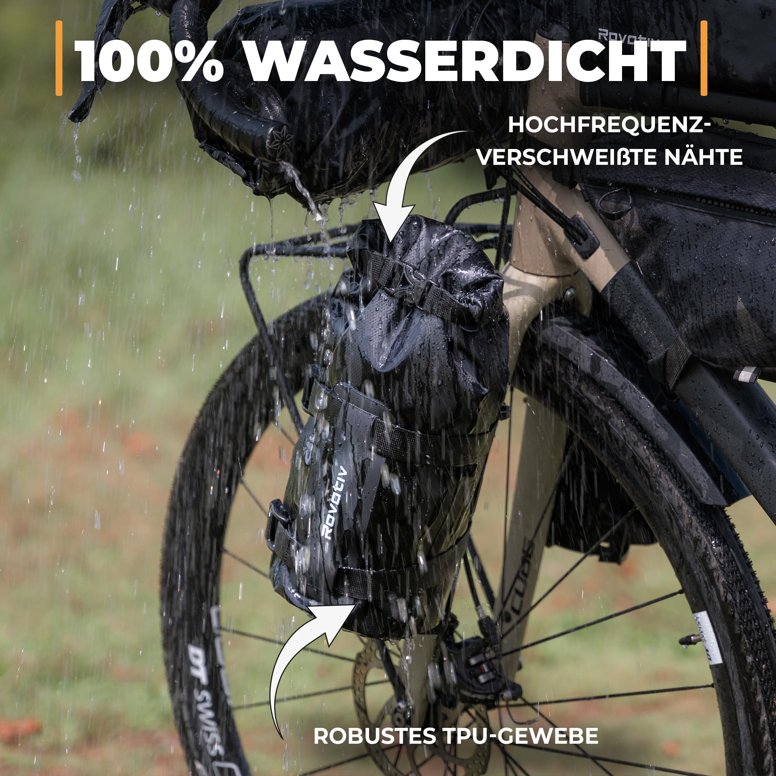 Rovativ® Bikepacking Gabeltasche mit Halterung [4,5 Liter] 100% Wasserdicht - Fahrrad Gabeltasche inkl. Dry Bag und Universalhalterung (Packung mit 2)