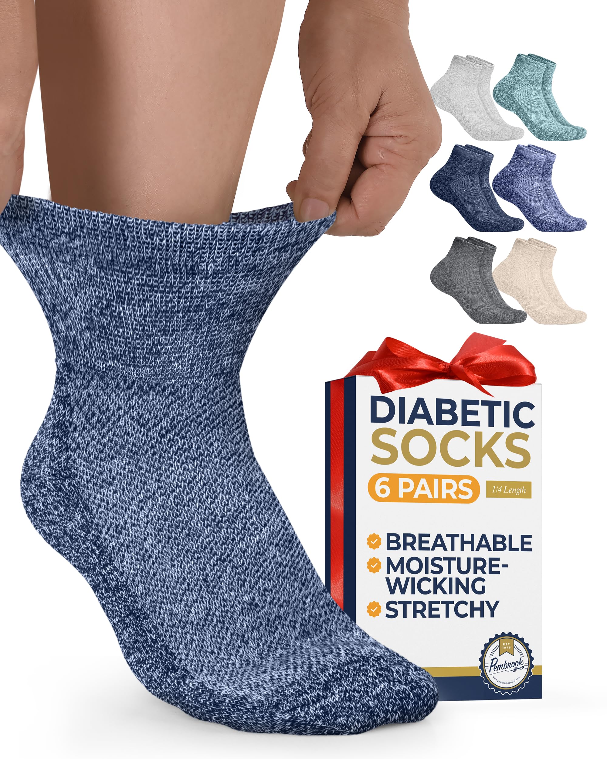 Pembrook Ankle Diabetic Socks for Women & Men | 6 Pairs | Wide Non Binding Socks Quarter Length | Edema Neuropathy Socks