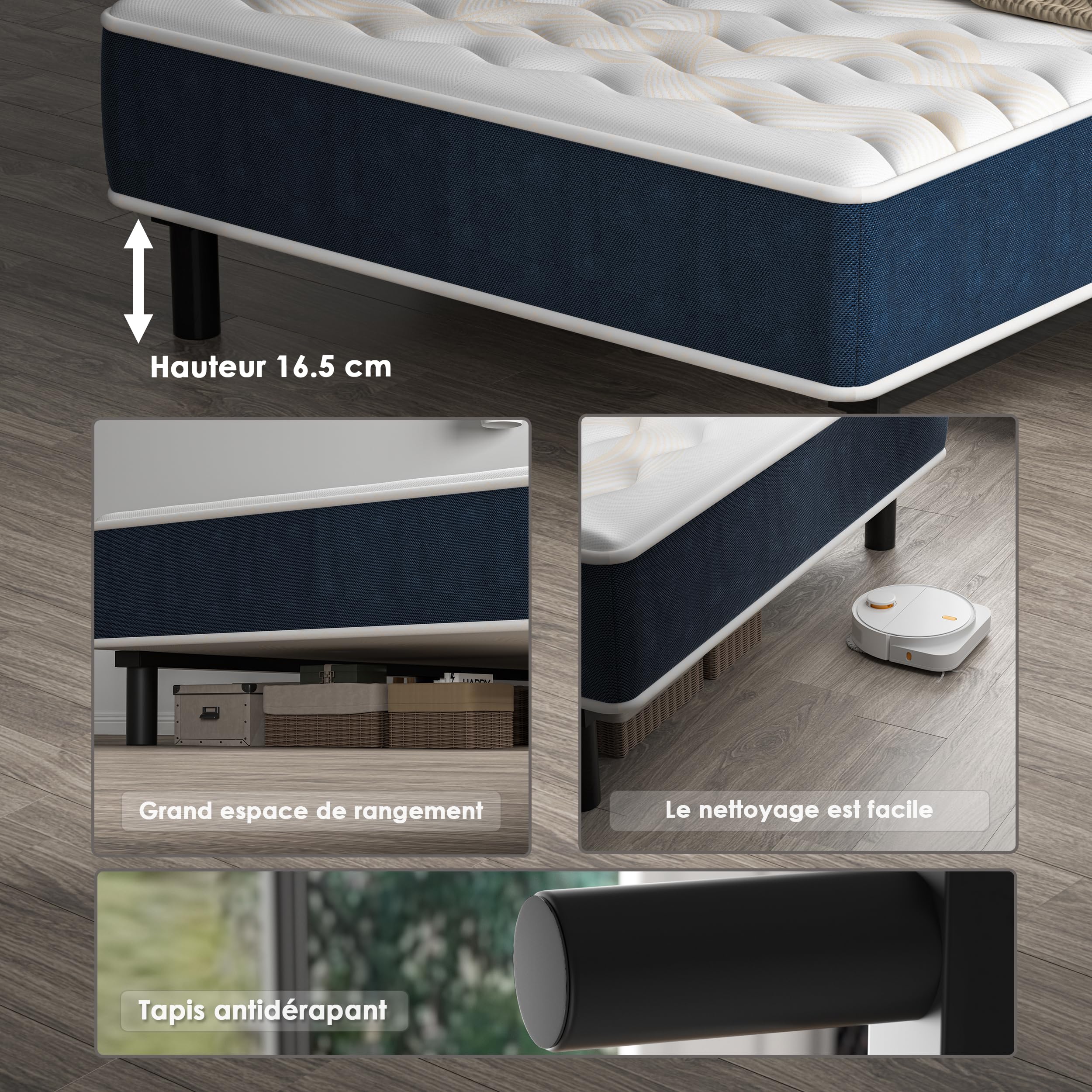 TEENO Ensemble Matelas et Sommier 90x190cm, Matelas Mousse à Mémoire, Cadre de lit en Fer 9 Pieds, 15cm, 7 Zones