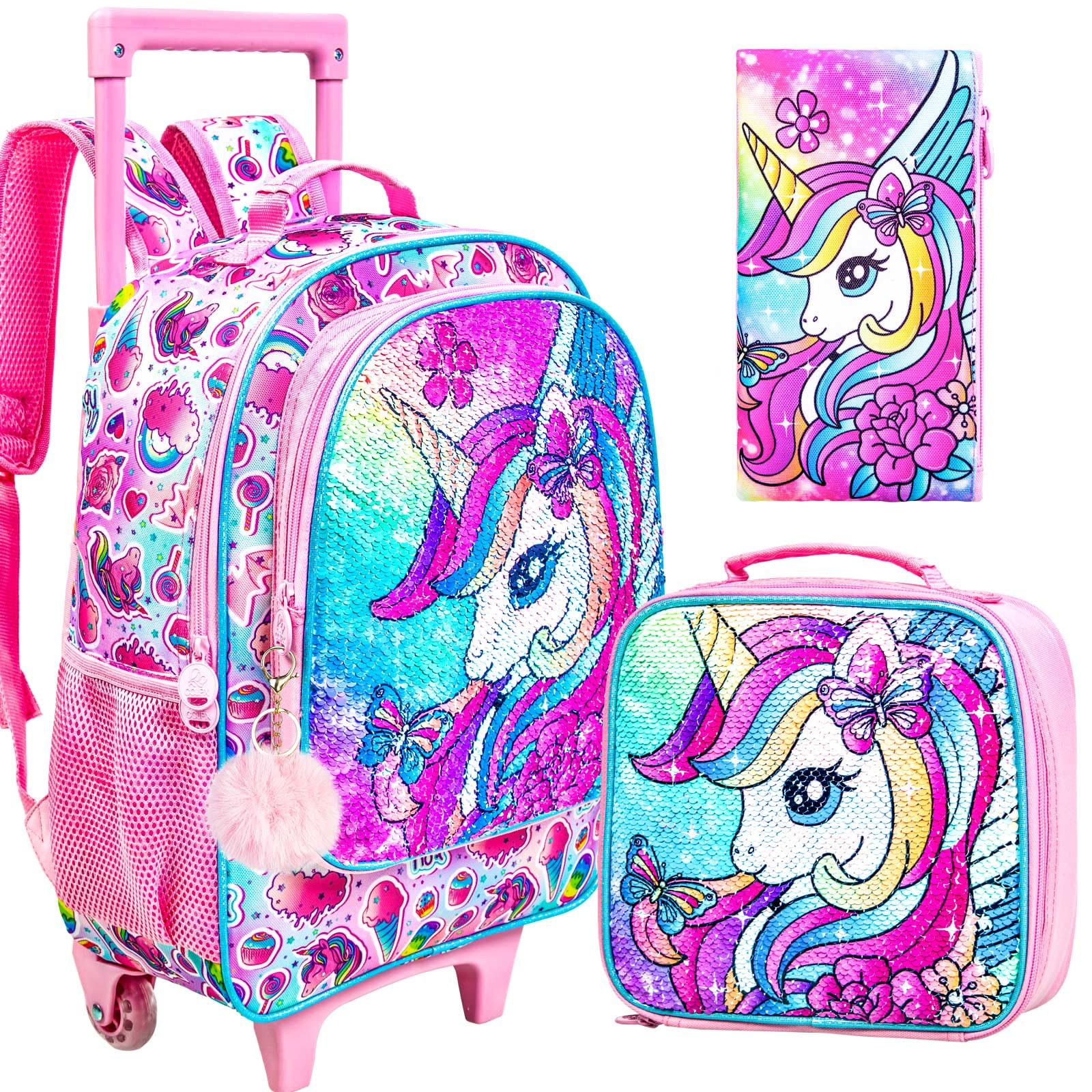 ZLYERT 3Pcs Unicorn Rolling Backpack for Girls, Kids School Backpacks with Wheels, Roller Bookbag with Lunch Box for Elementary Preschool(Pink)