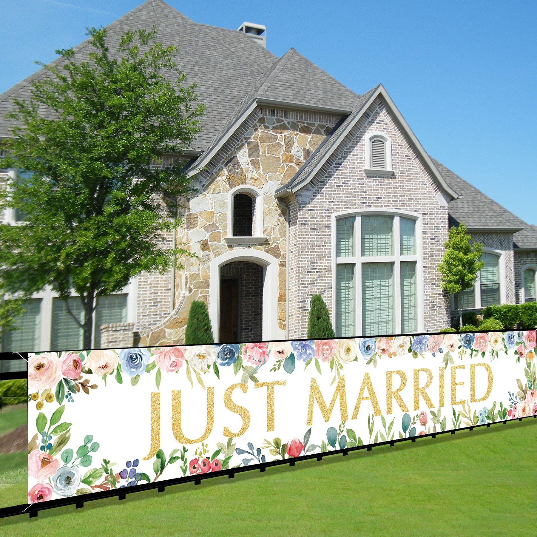 Just Married Banner Hintergrund Dekorationen, Hochzeit, Verlobung, Party, Fotokabinen-Requisiten, Veranda-Schild, Zubehör, Brautparty-Dekor für drinnen und draußen (3 x 0,5 m) | Hochzeit Verlobung und Brautdusche Party Dekor Dekorationen Photo Booth Requi