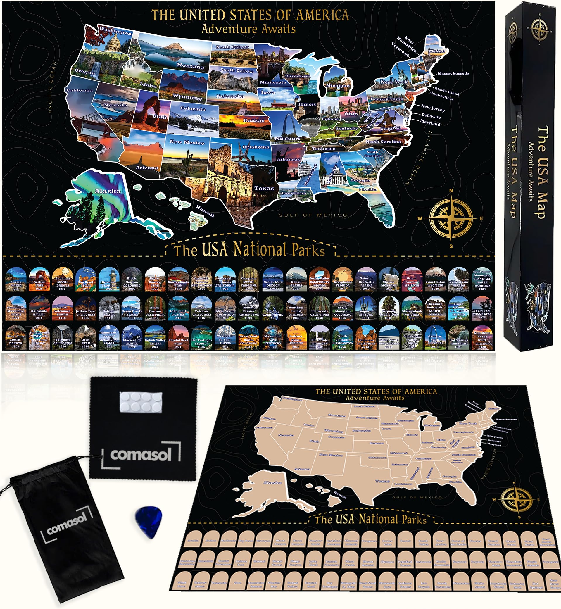 Large Scratch Off Map of United States + All 63 US National Parks Scratch Off Poster, Journal Gifts for Travelers