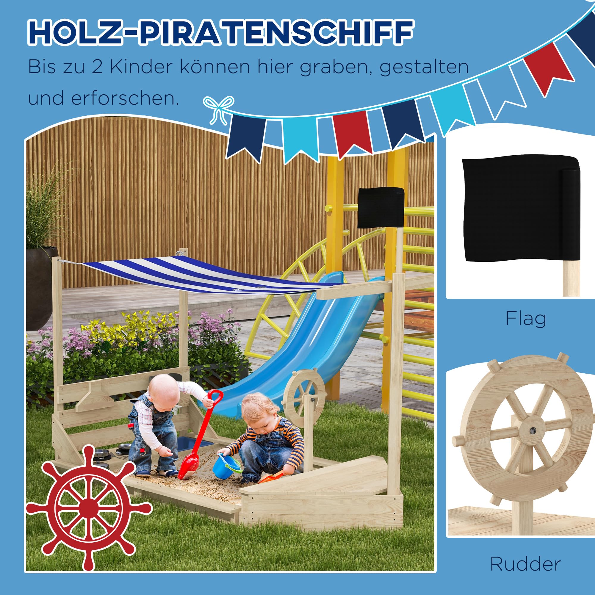 Outsunny Sandkasten Sandkiste groß mit Abdeckung im Schiff Design Matschekiste aus Holz Segelschiff Spielhaus mit Küchenspielset Aufbewahrung für Kinder 3-7 Jahre Naturholz 180 x 103 x 144,5 cm