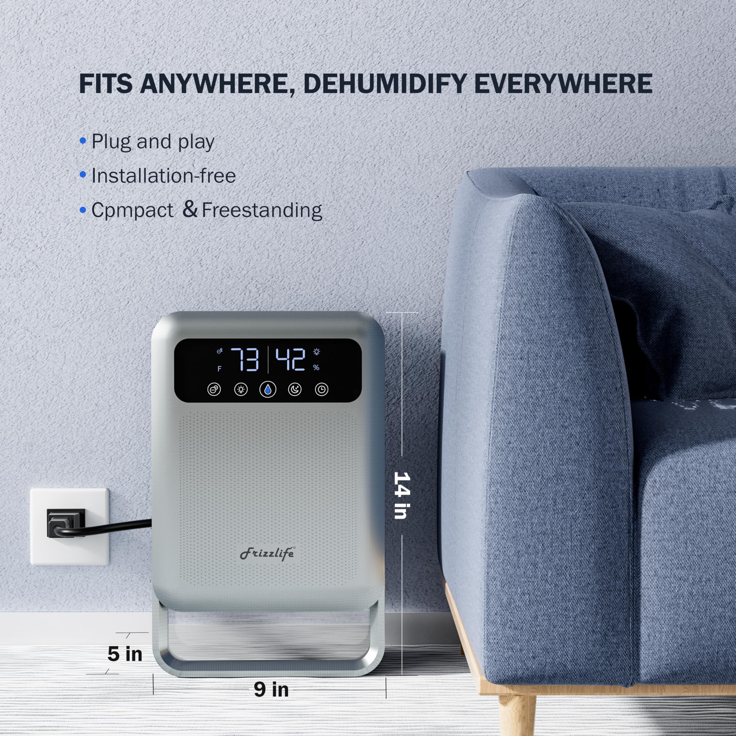 Frizzlife Air Dehumidifier, 135oz Water Tank W/Purifying Function, Quiet Small Dehumidifiers With Sleep Mode For Home, Bedroom, Bathroom, Basement W/Auto Shut Off, 7 Colors LED Light, Gray