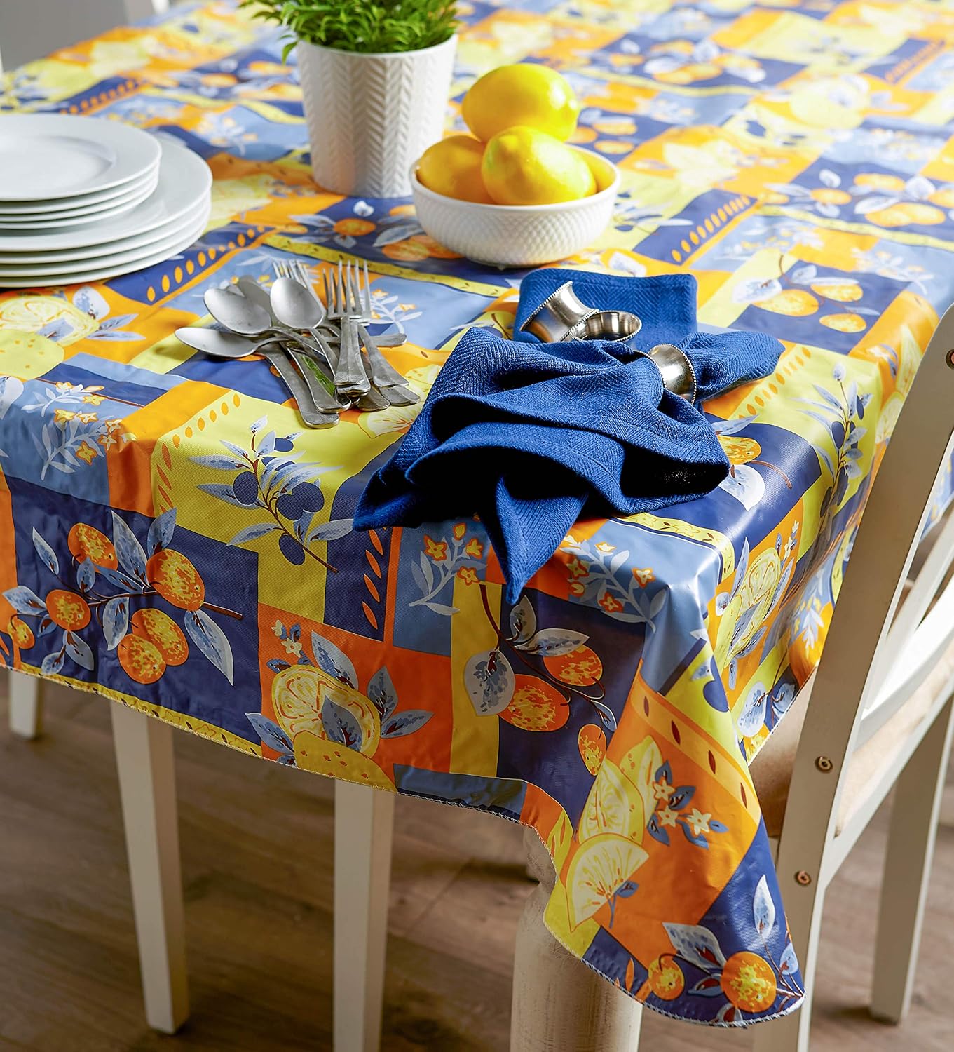 50% Off Discount J&M Home Fashions Waterproof Spill Proof Vinyl Printed Round Tablecloth, 60, Season, Indoor, Outdoor Picnics & Potlucks Party Party or Everyday Use-Lemons