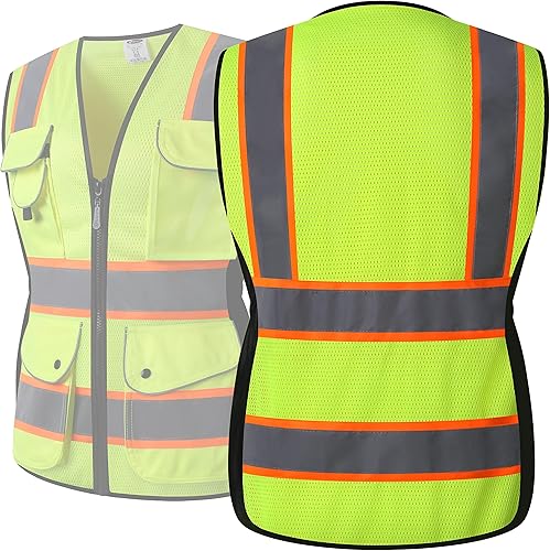 Miniatura 5 de JKSafety - Chaleco de seguridad reflectante de alta visibilidad con 9 bolsillos para mujer, malla amarillo neón, tiras reflectantes con bordes