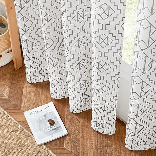 Miniatura 6 de RYB HOME Cortinas traslúcidas de 84 pulgadas de largo para sala de estar, lino natural, geométrico, folclórico, cortinas de ventana lavables para