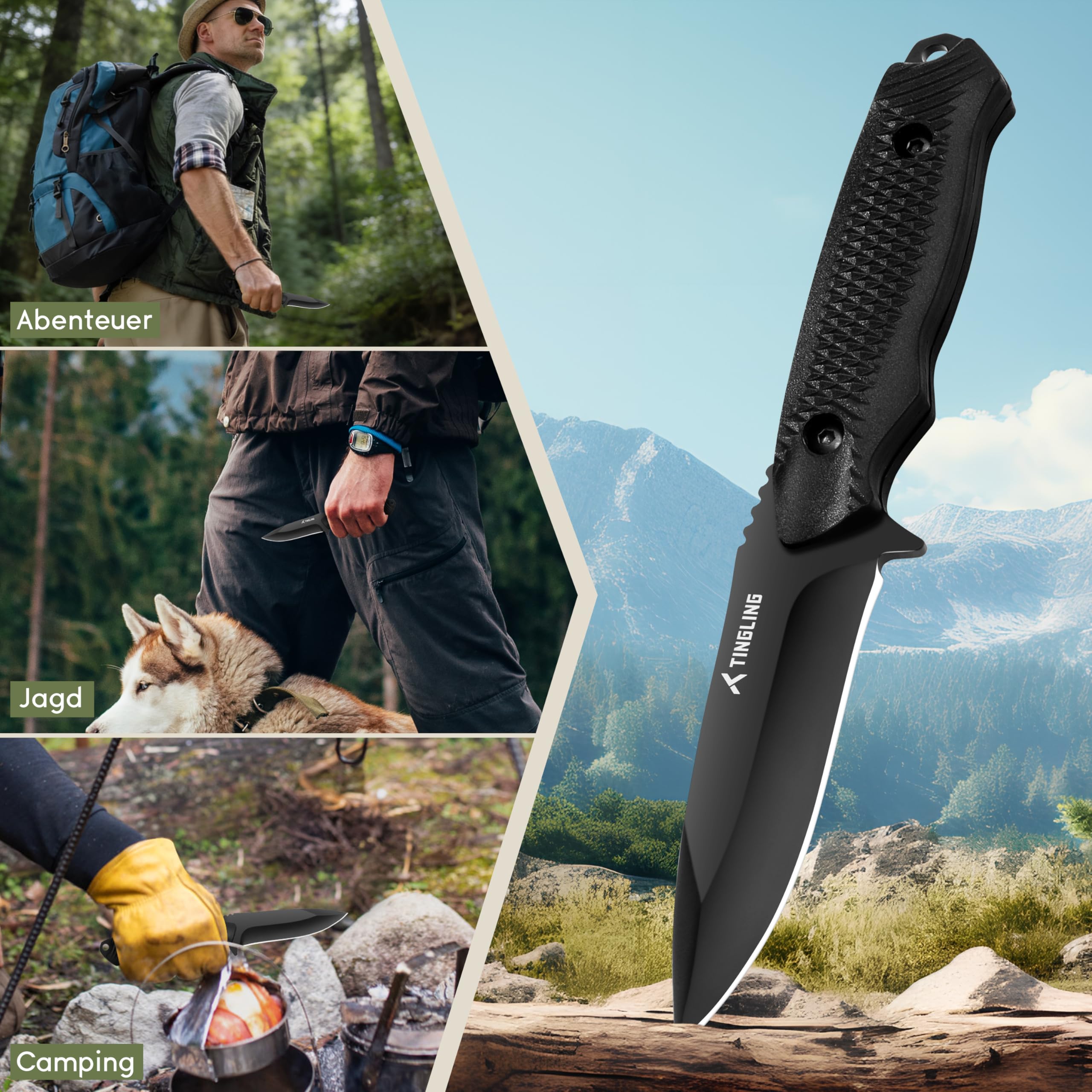 Tingling Couteau de Camping à Lame Fixe : Couteau d'Extérieur pour Débutants avec Gaine