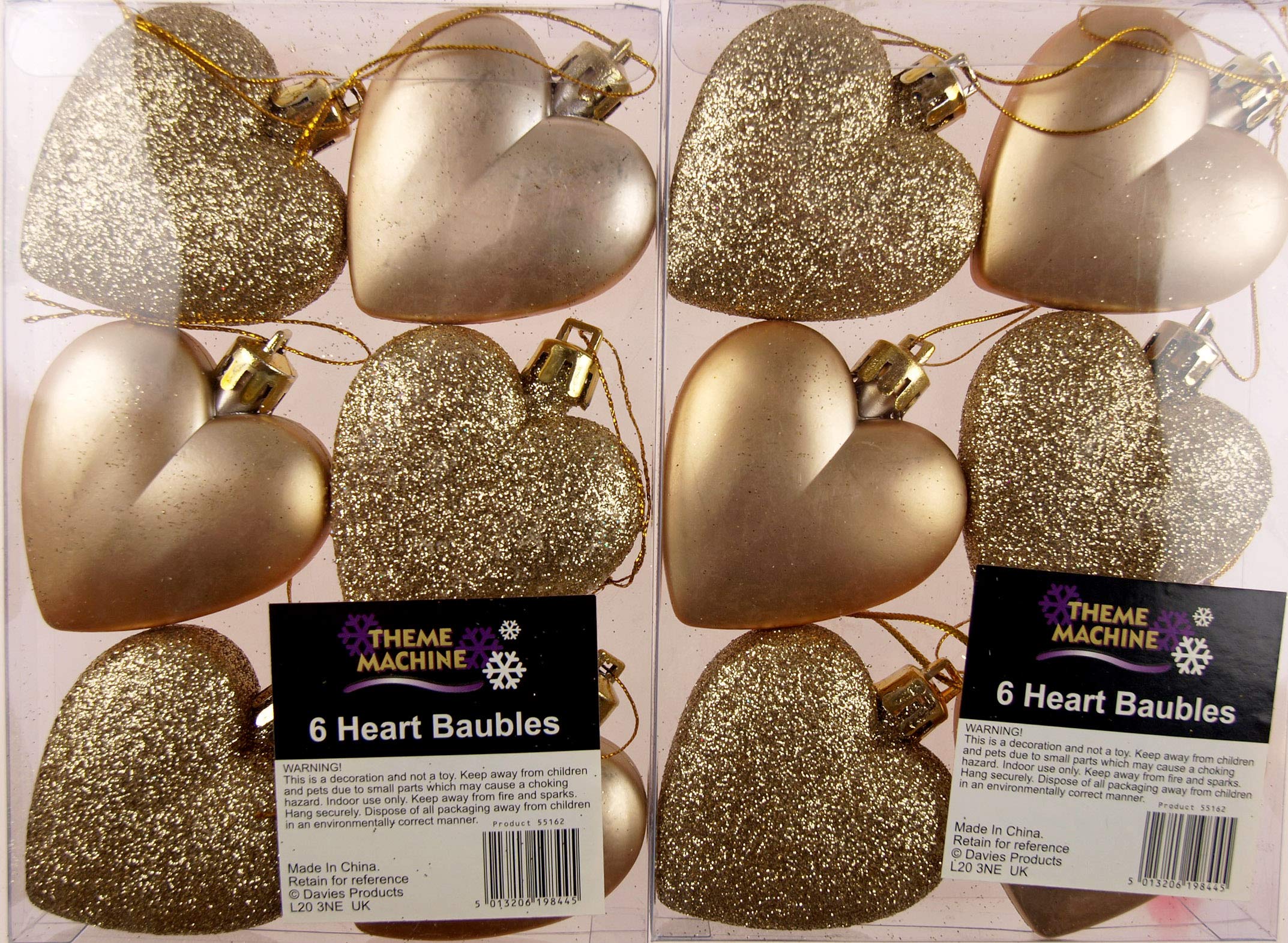 Theme Machine Gold Set Of 12 Glitter And Matt Hearts Christmas Tree Baubles Decorations