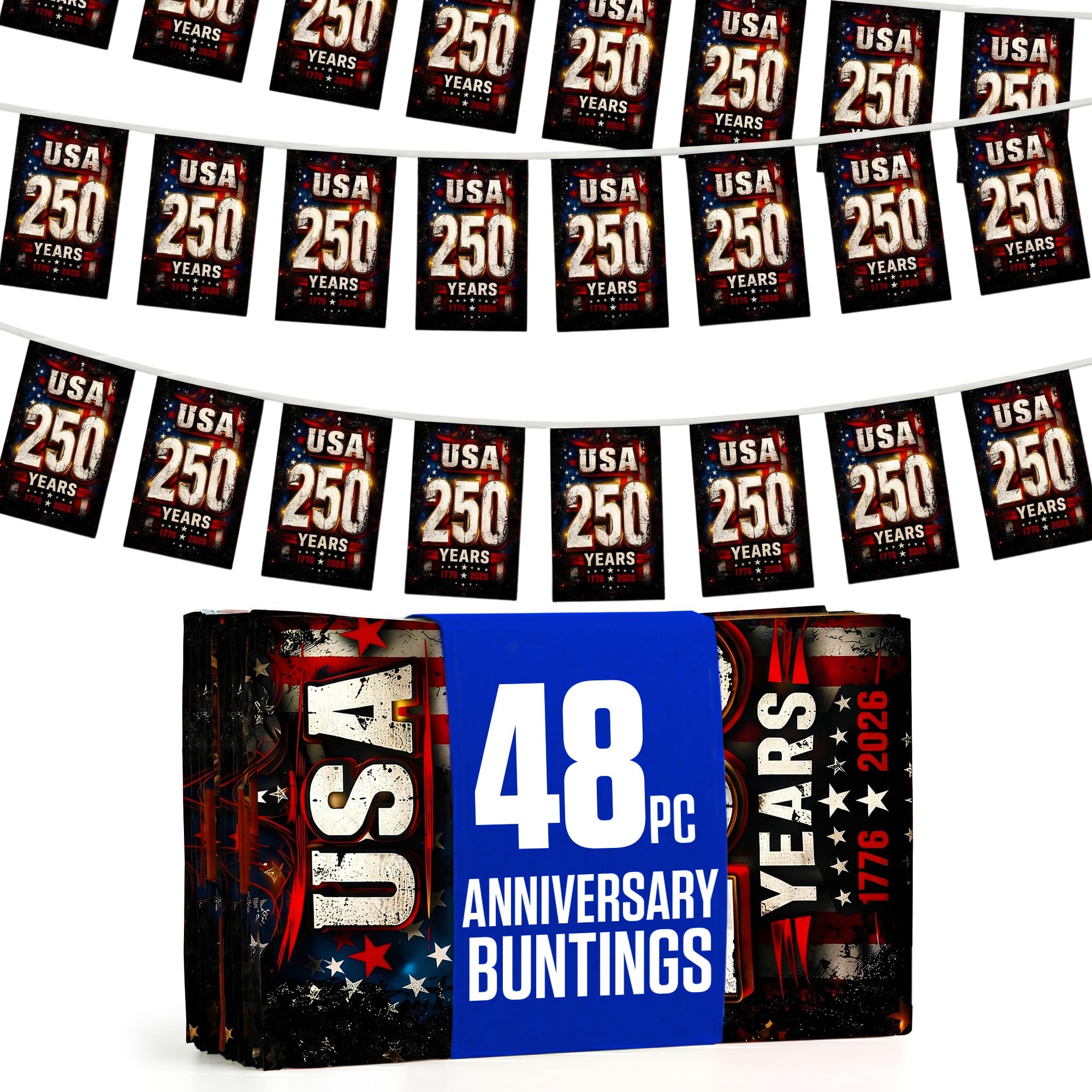 USA 250th Anniversary Grunge Flag Bunting 48Pcs Vintage Flags 14x21cm - 49ft Double-Sided printed Polyester Rope - Distressed 1776-2026 Buntings for 4th of July, Veterans Day Décor