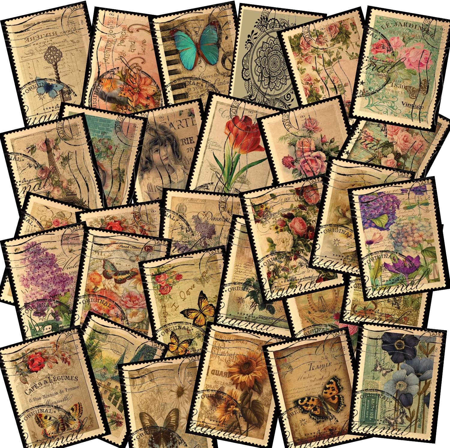 30Pcs Vintage Postage Stamp Stickers with Vintage Postmarks, Retro Rustic Theme, Scrapbook Stickers Pack, Floral, Girls, Victorian Theme, Bullet Junk Journal Supplies, Craft Making ,Paper